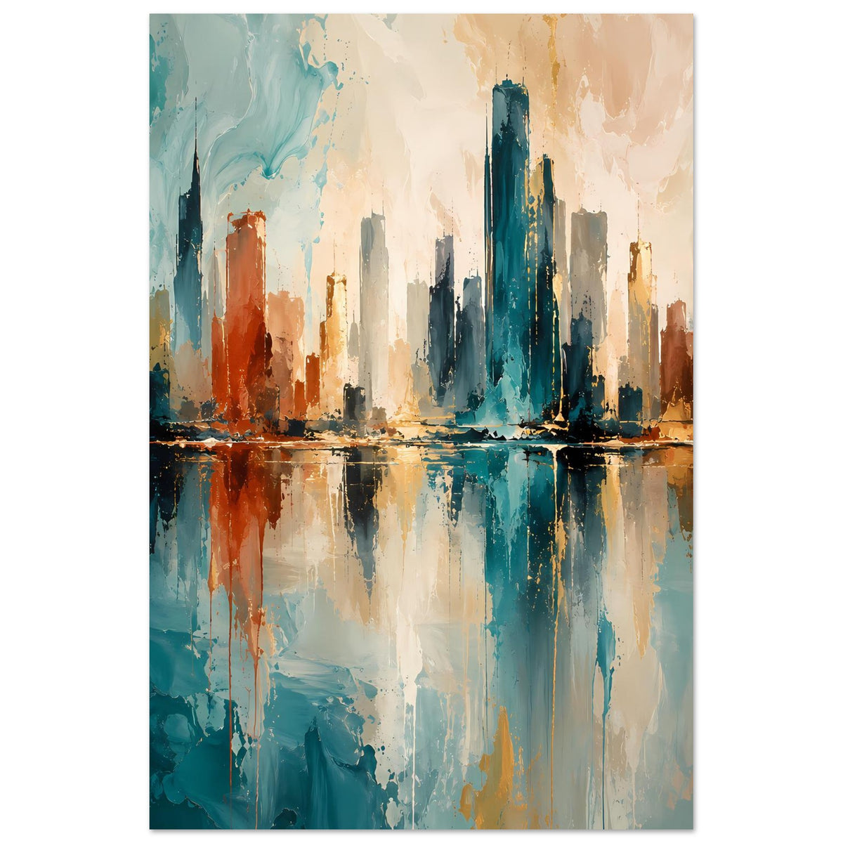 Abstraktes Skyline-Poster, mittiger Blick auf Türme und Spiegelung in Blau, Gold und Rost
