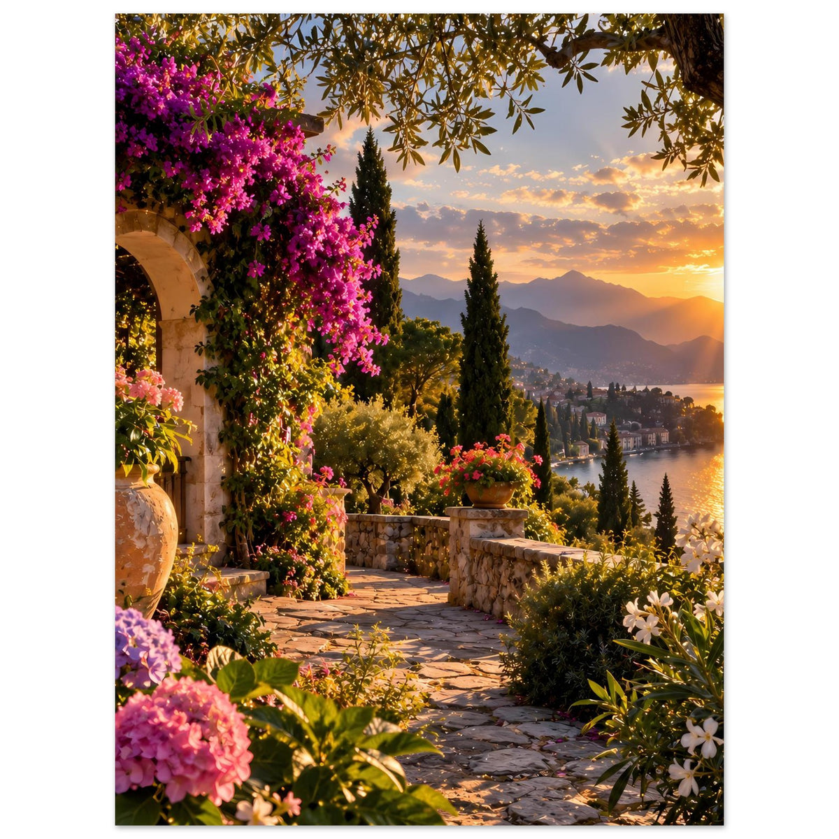 Poster im Hochformat: Terrassenweg mit Blumen, Hügeln und goldenem Abendhimmel