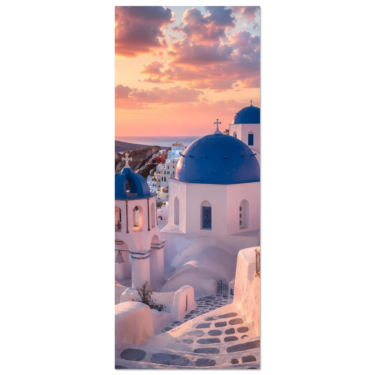 Fotoposter mit weißen Kirchengebäuden und blauen Kuppeln in Santorini bei Sonnenuntergang