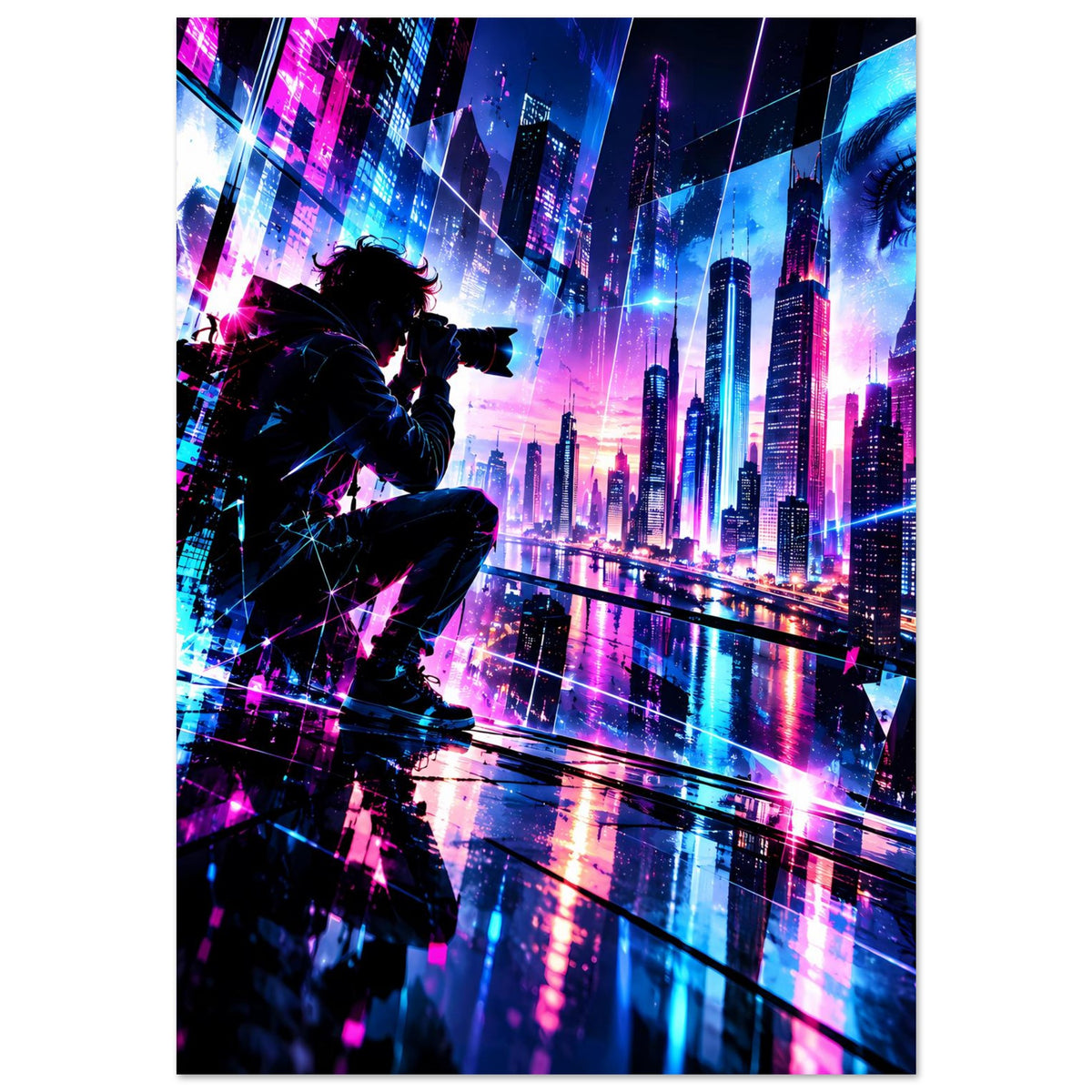 Cyberpunk-Stadtposter mit Silhouette des Schützen und leuchtenden Wolkenkratzern