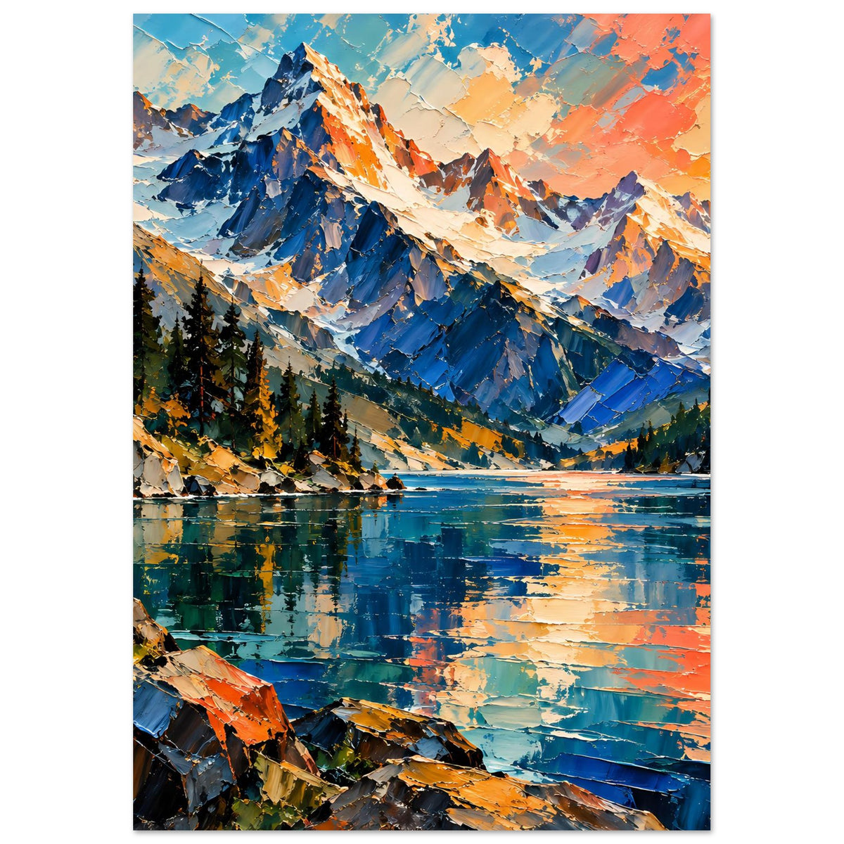 Mattes Poster im Hochformat: Gebirge mit reflektierendem See und orangefarbenem Himmel.