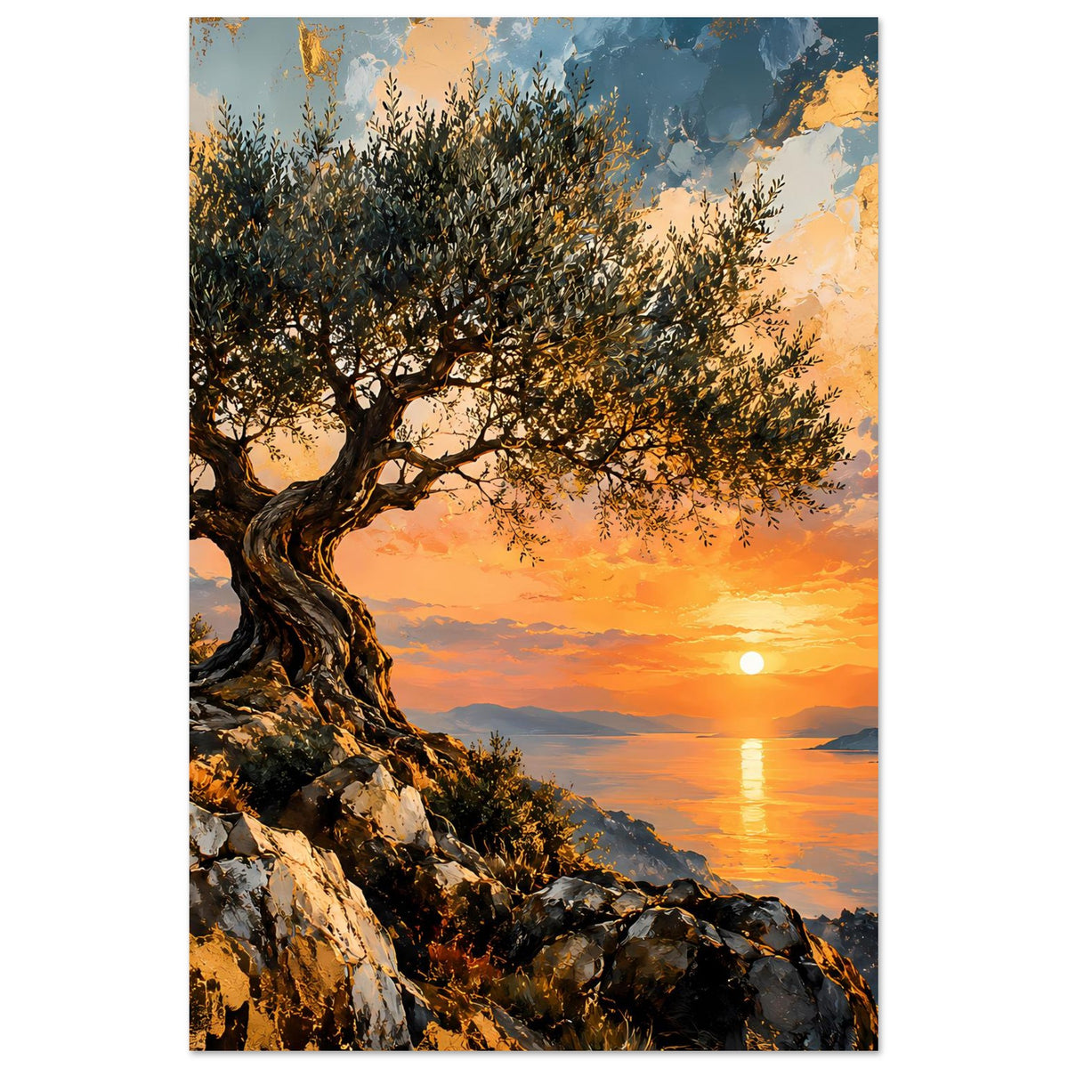 Olivenbaum-Poster im Hochformat: Sonnenuntergang, Küste mit Felsen, spiegelndes Meer