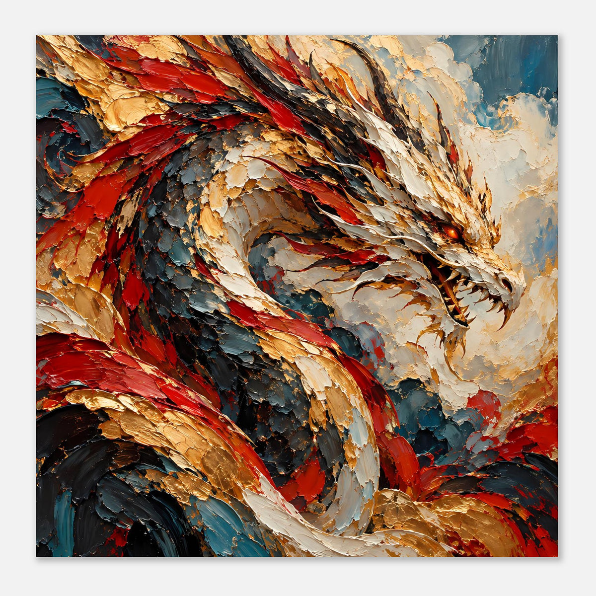 Drachen-Fantasy-Poster im Querformat: Feuerdrache, Flügel und Schwanz in Rot-Gold-Blau