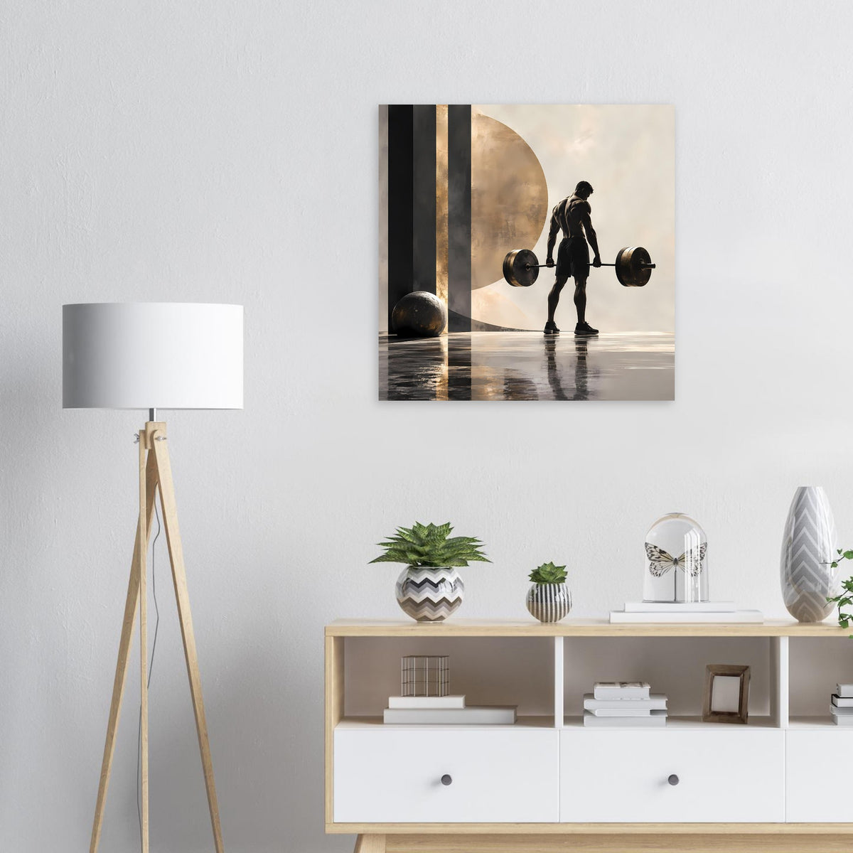 Krafttraining-Poster: Silhouette beim Hantelheben mit Spiegelung und goldenem Halbkreis