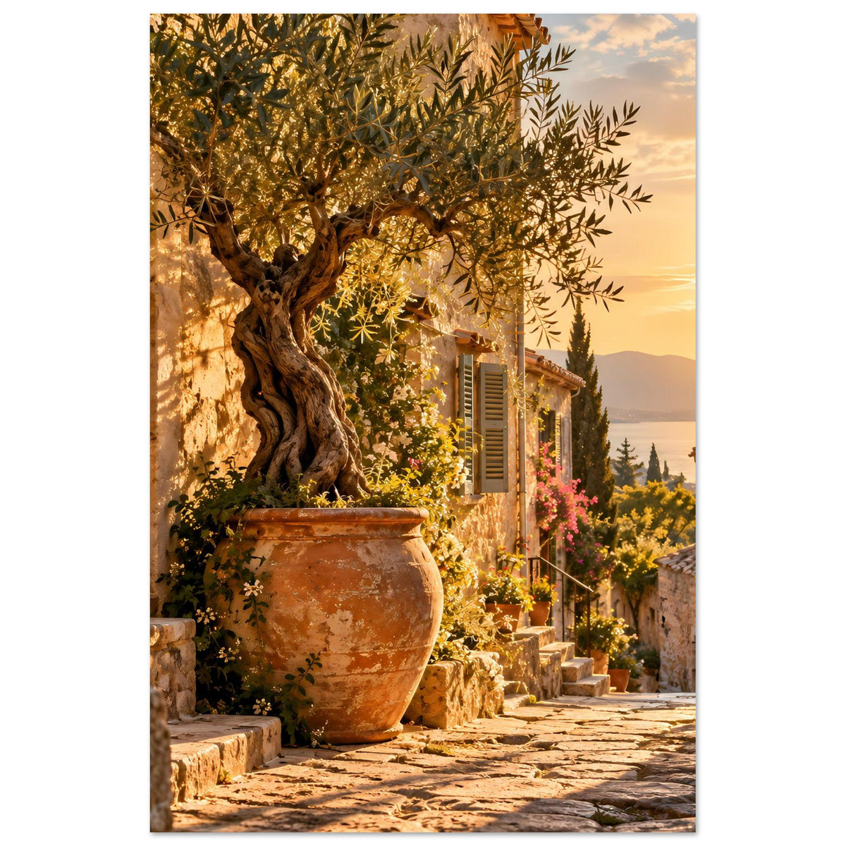Mediterranes Poster: Olivenbaum an Steingasse, große Terrakotta-Vase, Blumen