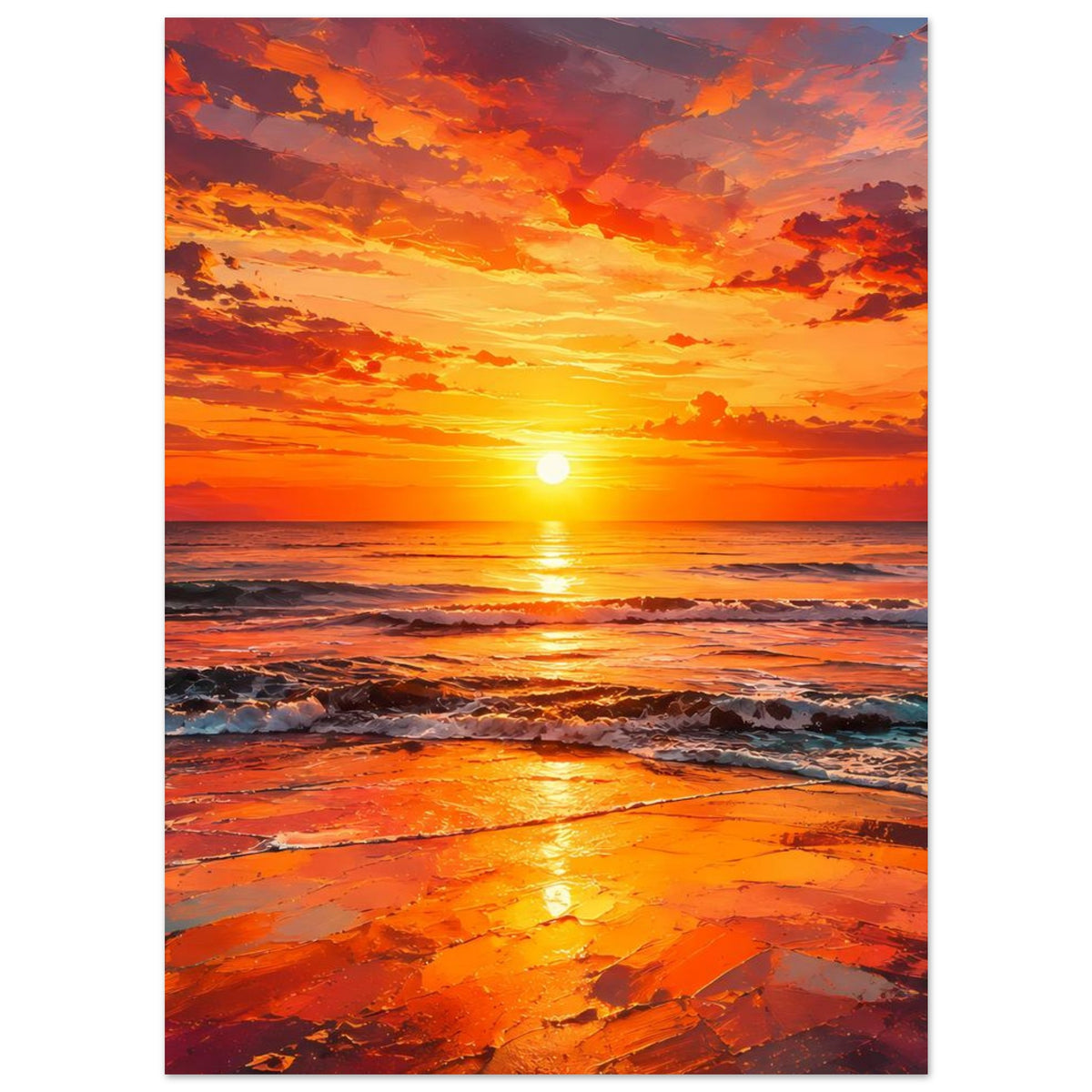 Poster im Hochformat mit sonnigem Horizont, Brandungsschäumen und orangefarbenem Himmel