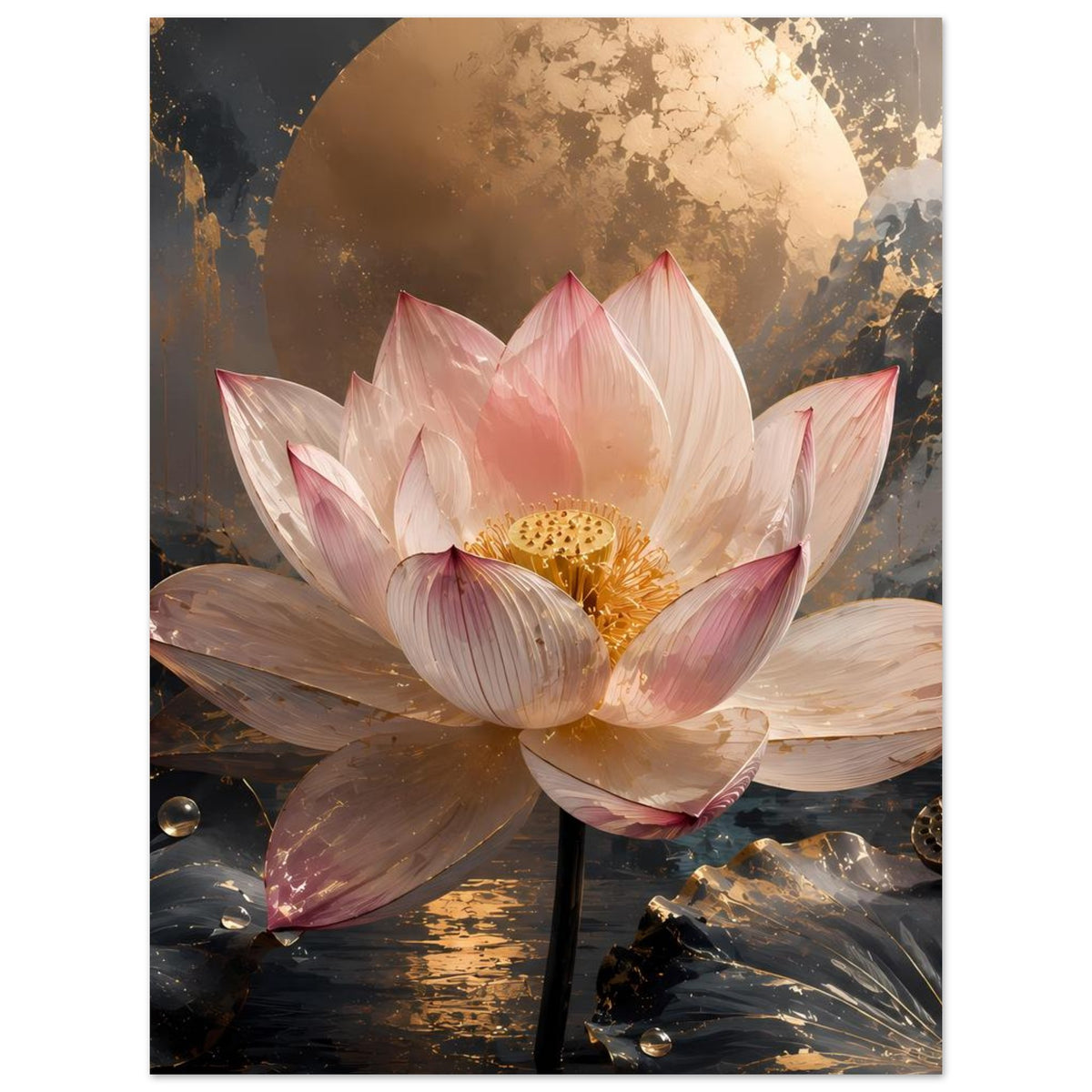 Poster mit rosafarbener Lotusblüte und goldener Mitte, dekorativ mit dunklen Blättern