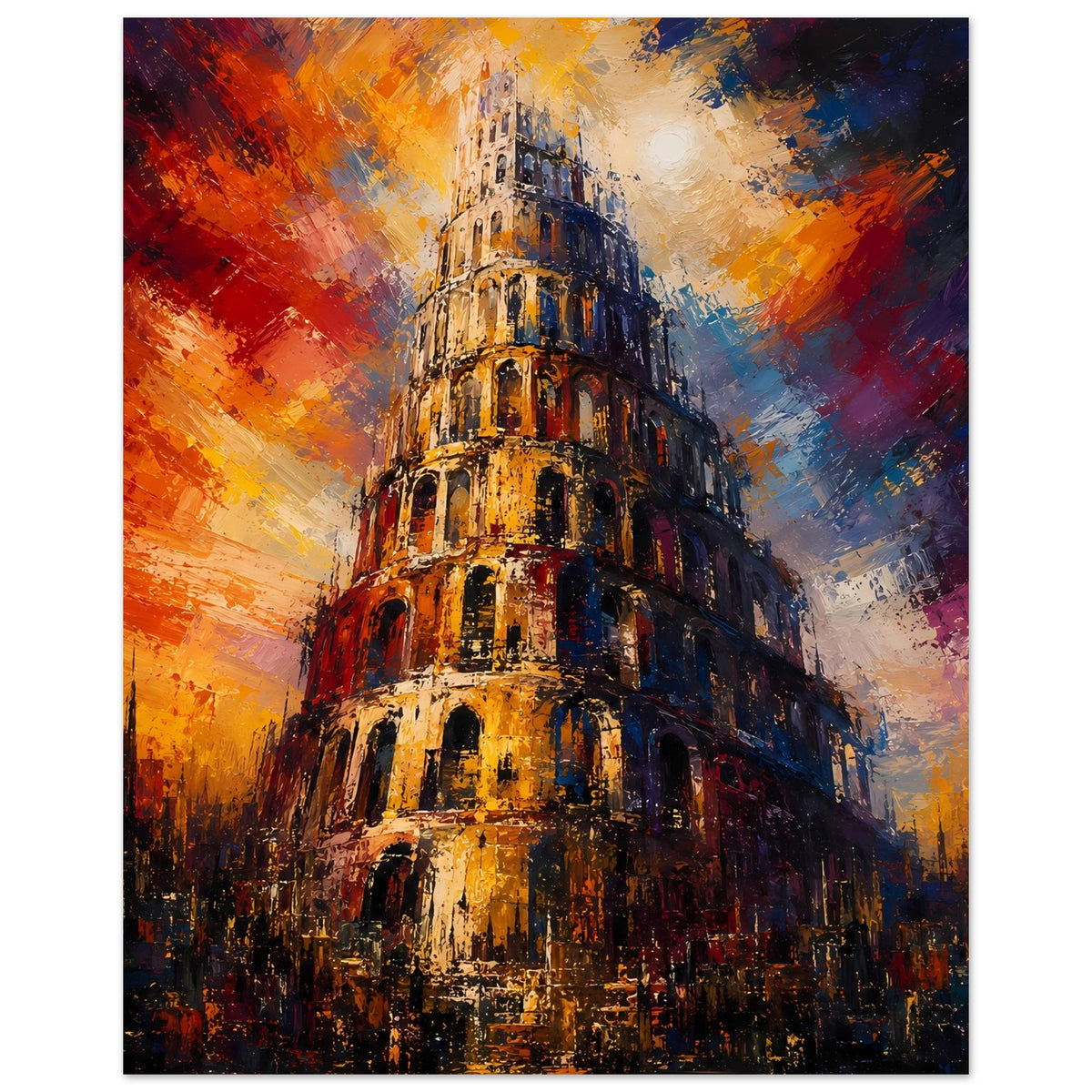 Wandposter mit Turm von Babel in warmen Orange- und Blautönen, abstrakt, vertikal