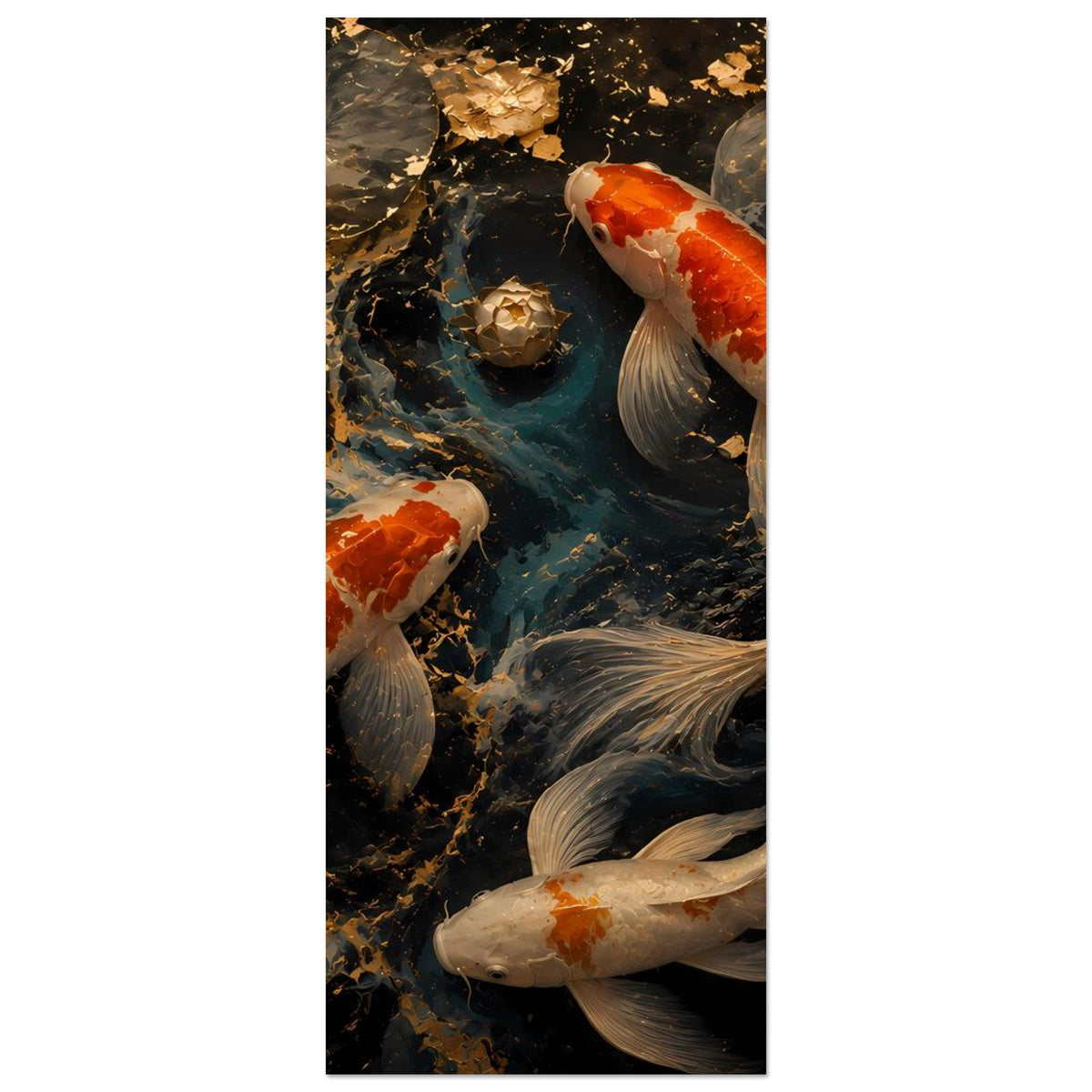 Vertikales Koi-Teich-Kunstposter: rot-weißer Koi im Vordergrund, weitere Fische im Bildausschnitt