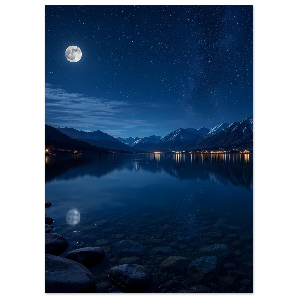 Poster: vertikales Motiv mit Mond, Bergsee und spiegelnder, ruhiger Wasserfläche