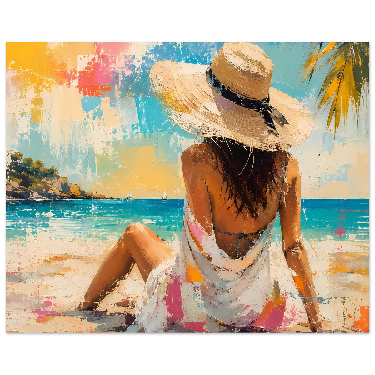 Sommerposter: Frau mit Strohhut und weißem Kleid vor türkisblauem Meer, abstrakt gemalt.