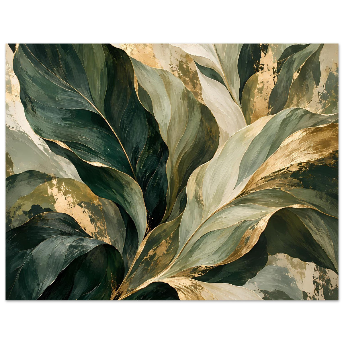 Botanisches Poster im Hochformat mit grünen Blättern, goldfarbenen Spritzern und hellen Partien