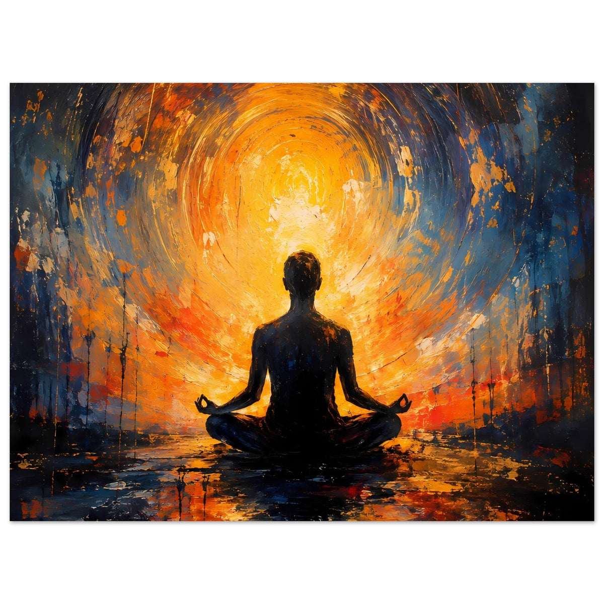 Abstraktes Poster, Meditationssilhouette im Lotussitz vor orange-blauem Wirbelhintergrund.