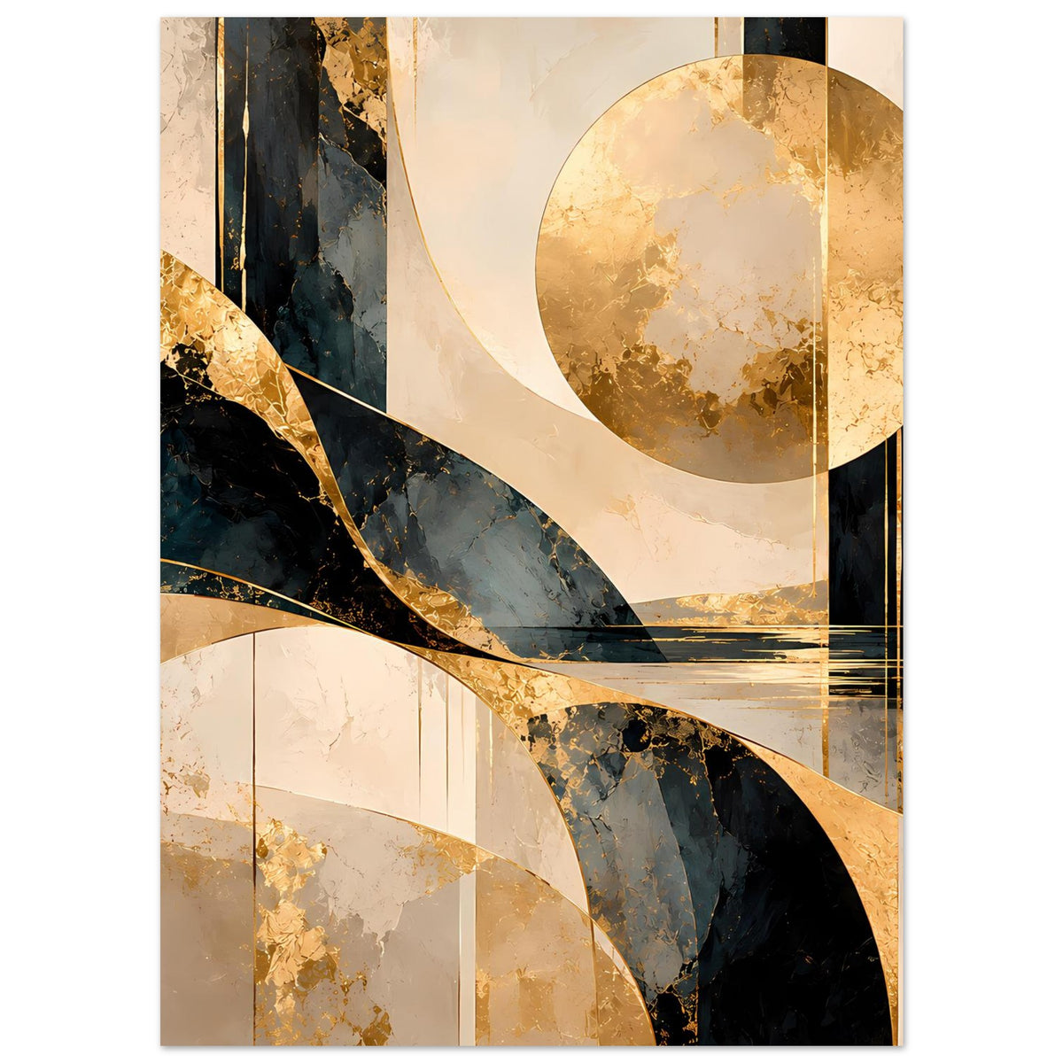 Abstraktes Poster: gold-schwarzer Halbkreisbogen mit Kreisform und vertikalen Linien
