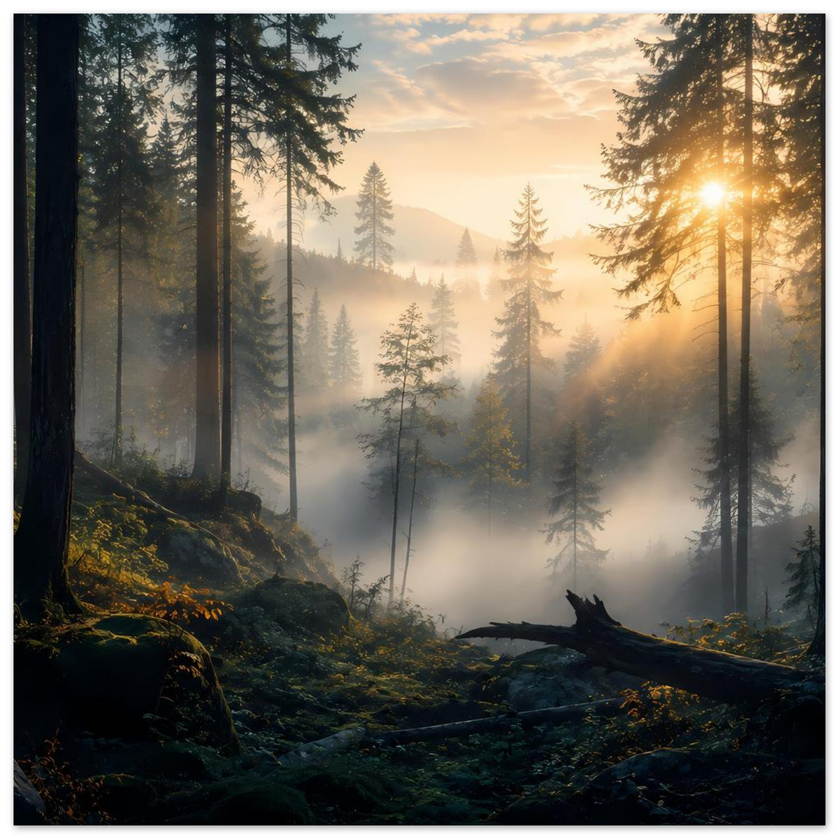 Horizontales Waldposter mit goldenem Sonnenlicht, Nebelwald und Tannen im Vordergrund