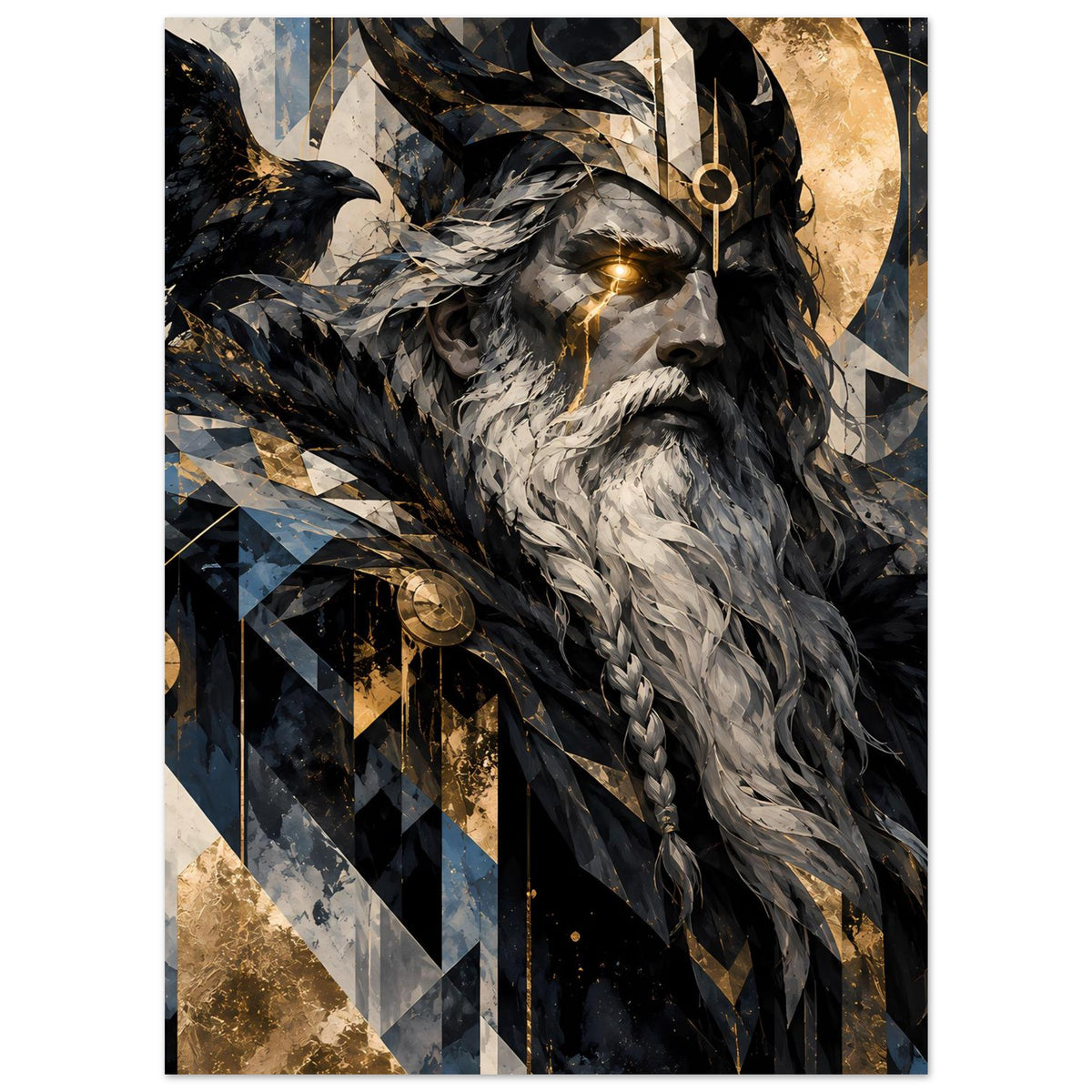 Poster: Nordgott mit goldenem Auge, dunklem Umhang und gold-blauen geometrischen Mustern