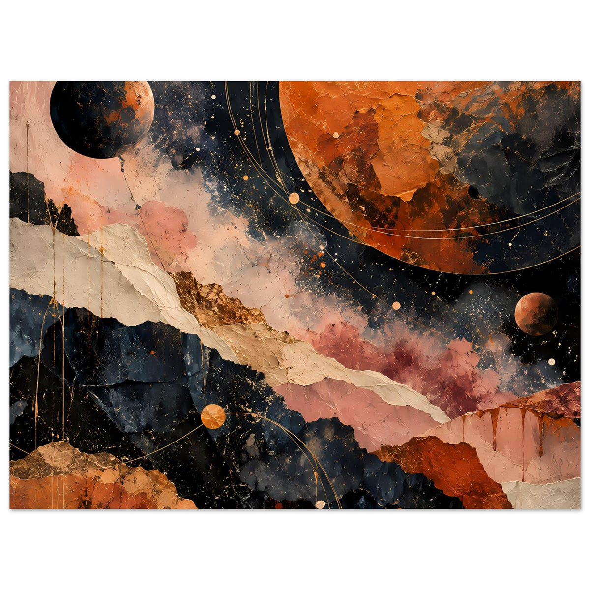 Kosmos-Landschaftsposter mit warmen Erdtönen, Planeten und Sternenstaub, vertikal