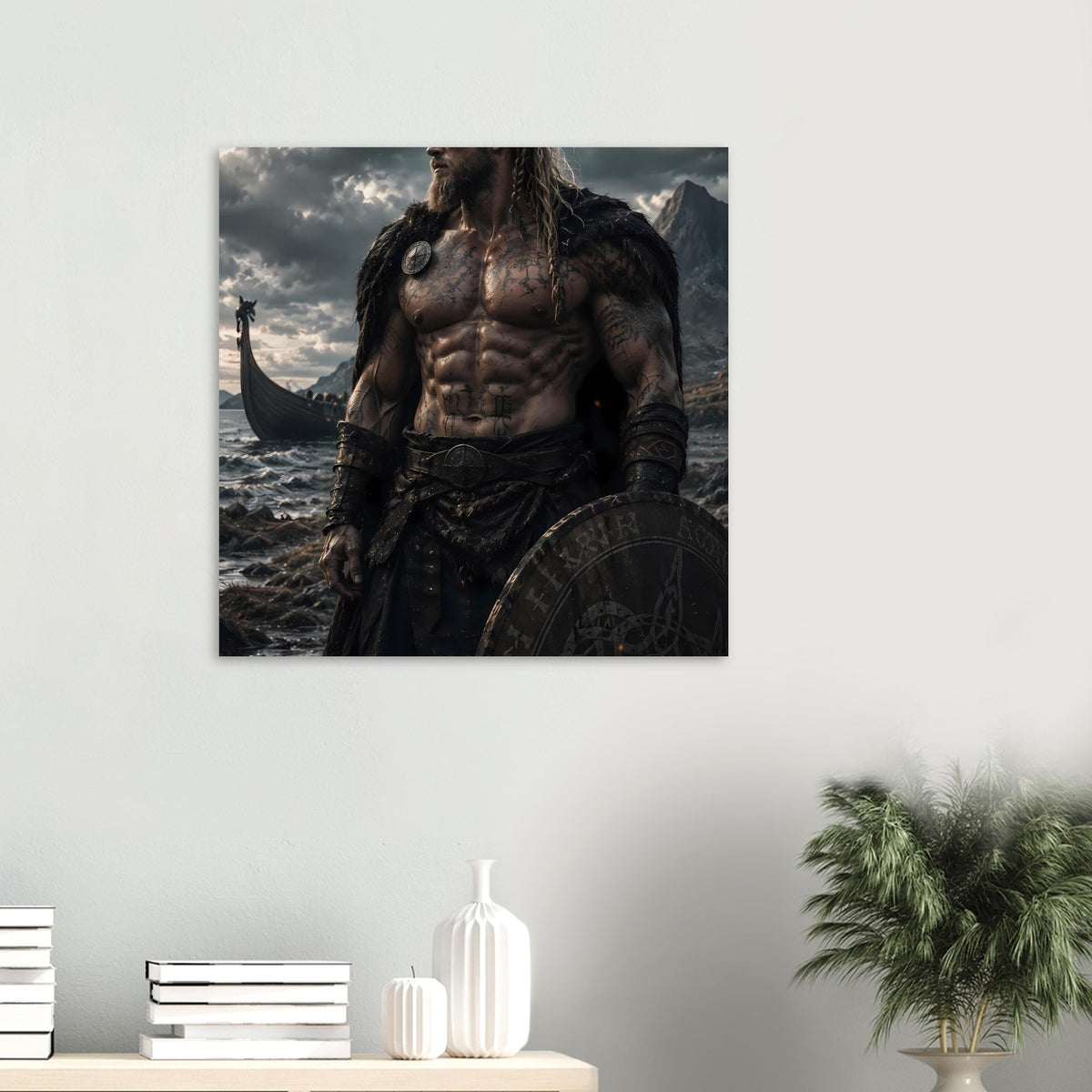 Fantasy-Poster mit Wikingerkrieger im Kampfgewand und Schild, Kopf und Oberkörper sichtbar