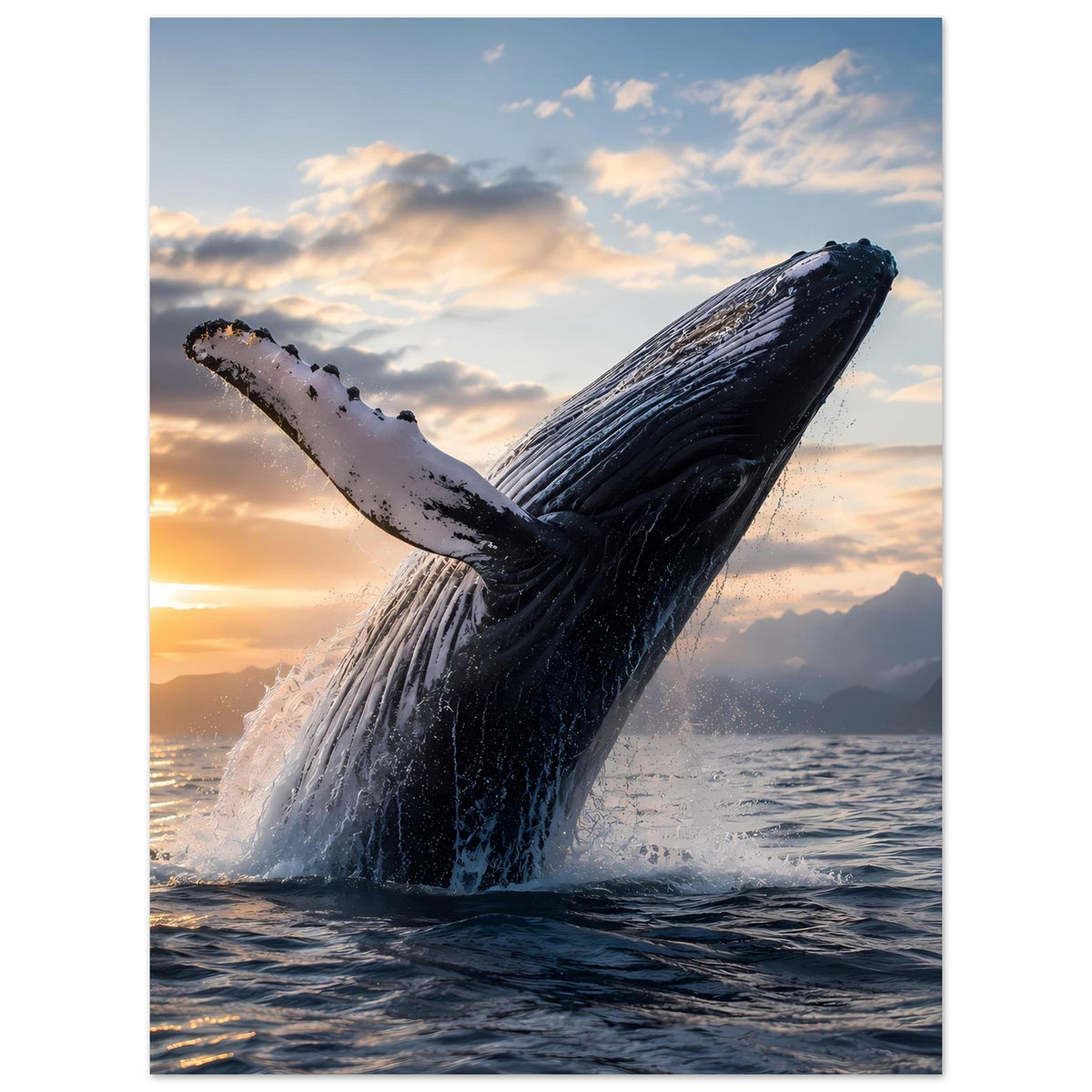 Poster: Buckelwal springt aus dem Meer, Sonnenuntergangslandschaft