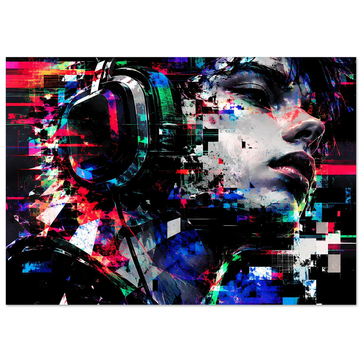 Kunstposter im Querformat mit Neon-Glitch, Porträt rechts und kräftigen Farbstreifen