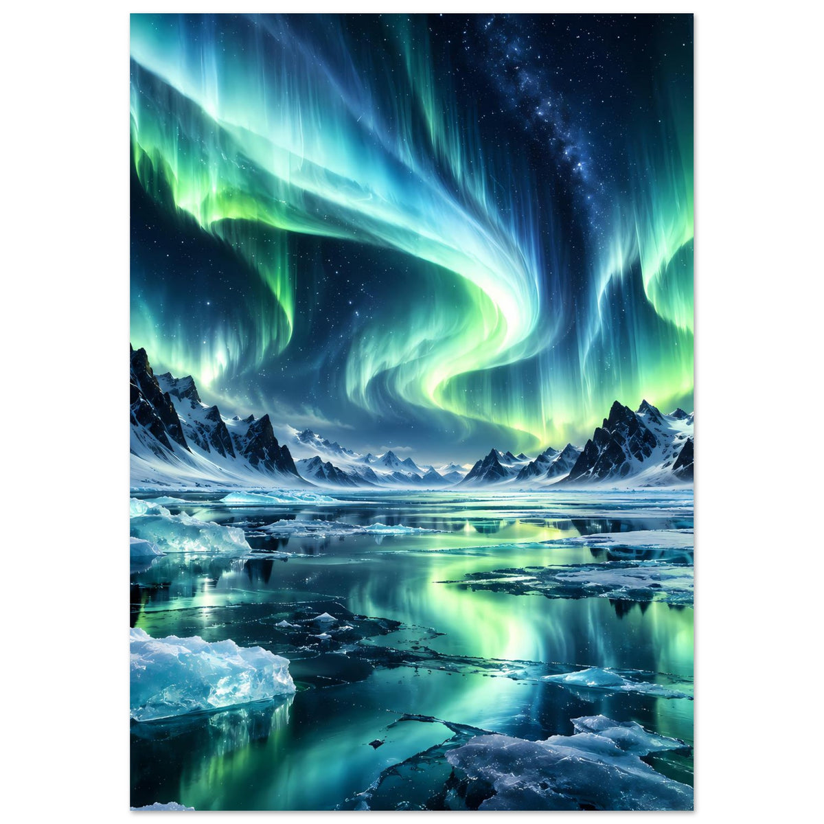 Poster mit Nordlichtern über verschneiter Küste, türkis-grünes Leuchten und blaue Strahlen
