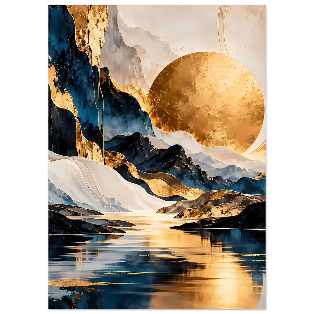 Kunstposter mit abstrakten Bergen: goldener Mond, fließende Formen und Spiegelung im Wasser.