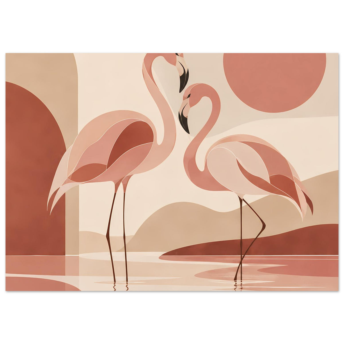 Boho-Naturposter mit zwei Flamingos, große rote Kreisform und ruhige Wasserreflexe