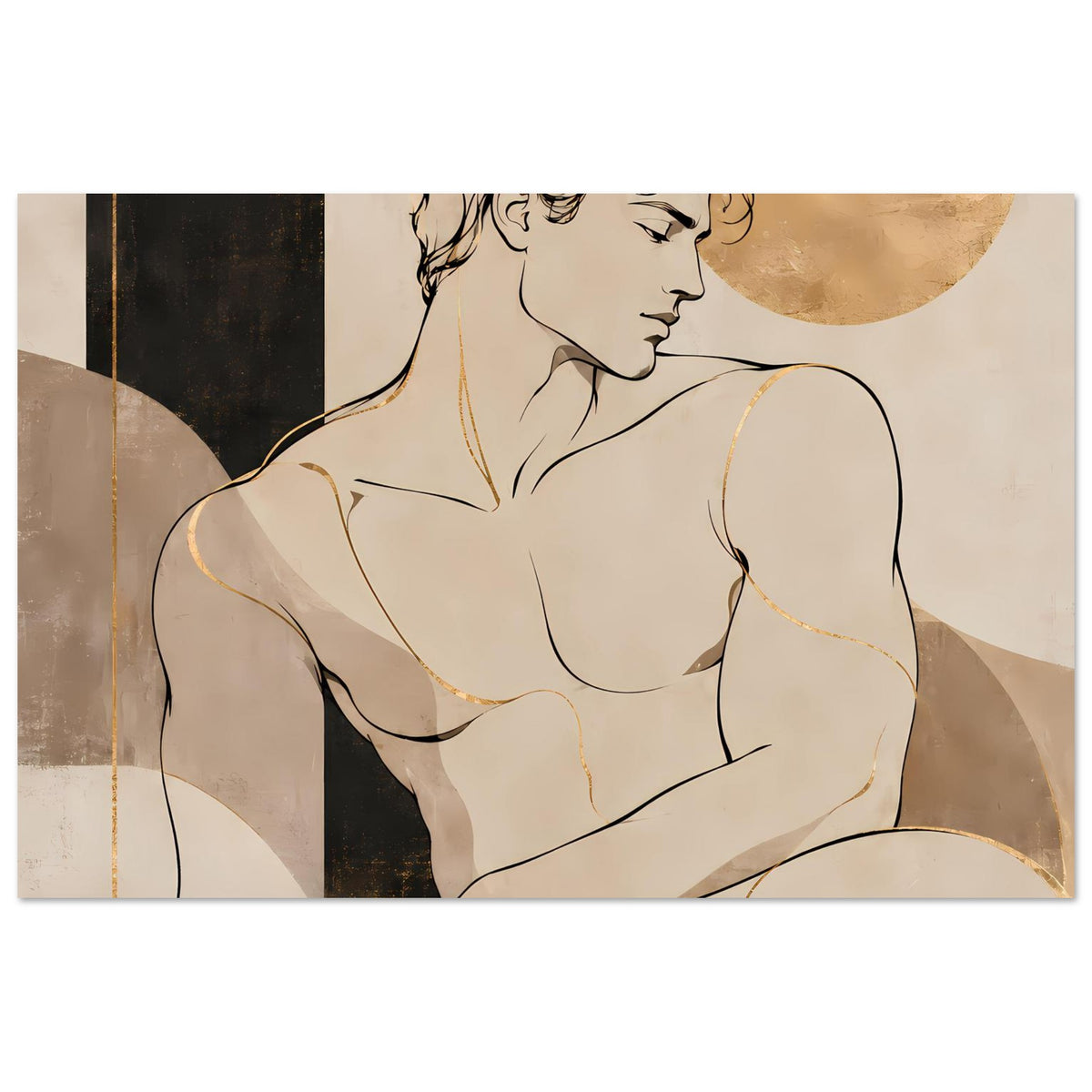 Kunstposter mit Aktfigur, warmes Braun-Schwarz-Kontrastfeld und goldene Kreisfläche