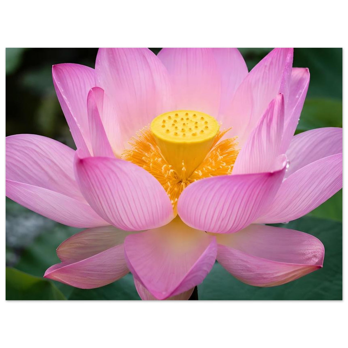 Poster: rosa Lotusblüte mit orange-gelbem Zentrum und fünf sichtbaren Blütenblättern