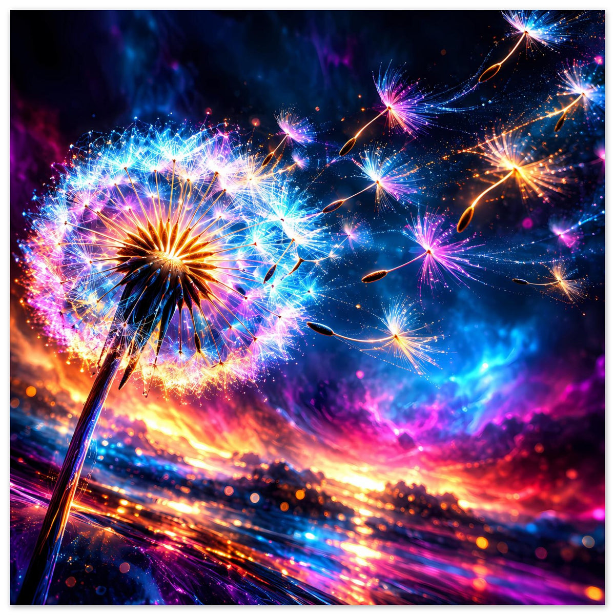 Poster mit leuchtendem Feuerwerk in Neonblau, -pink und -orange, Funken und Raketen
