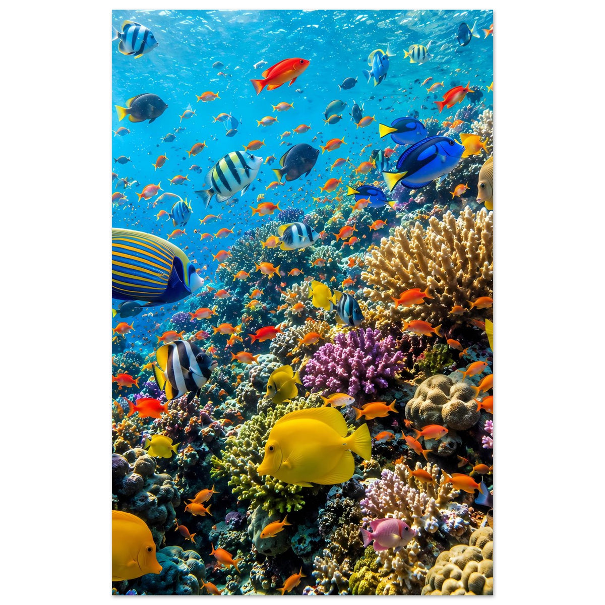 Schmales Hochformat-Poster mit Korallenriff und tropischen Fischen, rechter Bildrand sichtbar