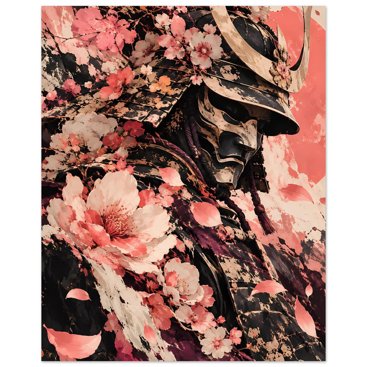 Poster mit Samuraihelm und Kirschblüten-Design, warmes Rosa und dunkles Schwarz