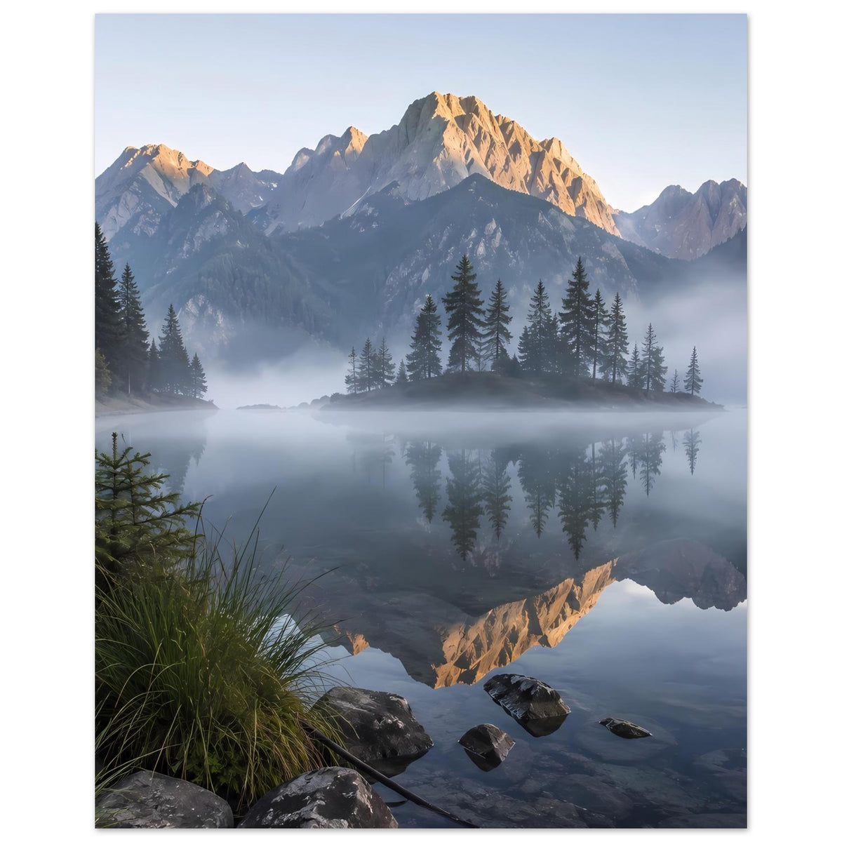 Landschaftsposter im Hochformat mit Bergsee, Fichten und Gipfelreflexion im Morgennebel