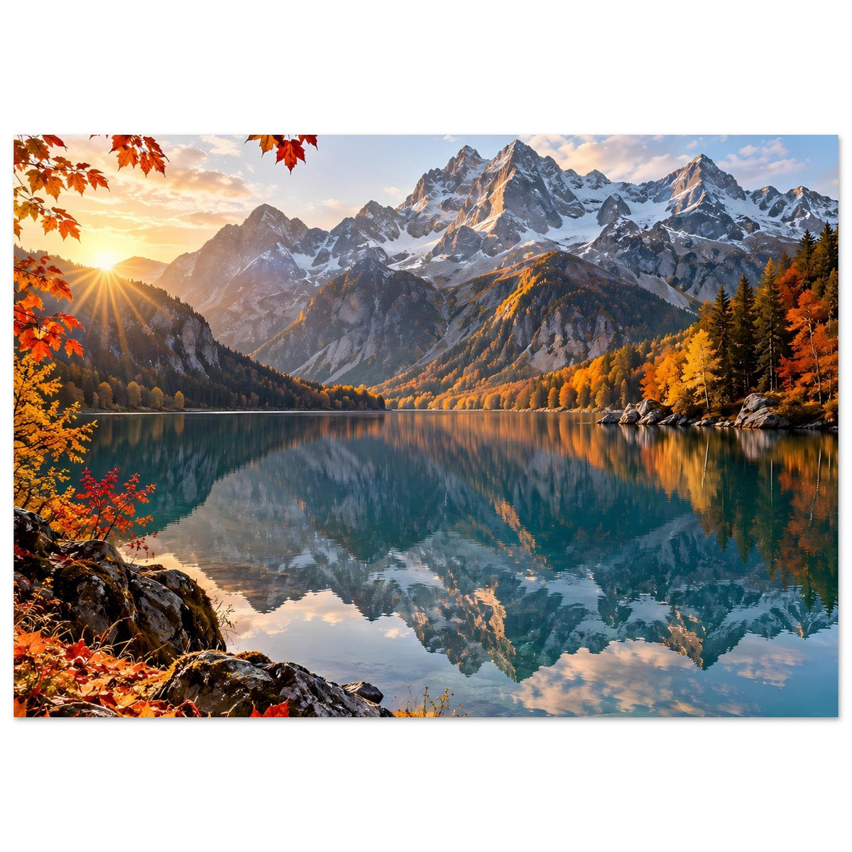 Wandposter im Querformat mit markanten Berggipfeln und spiegelnder Seefläche