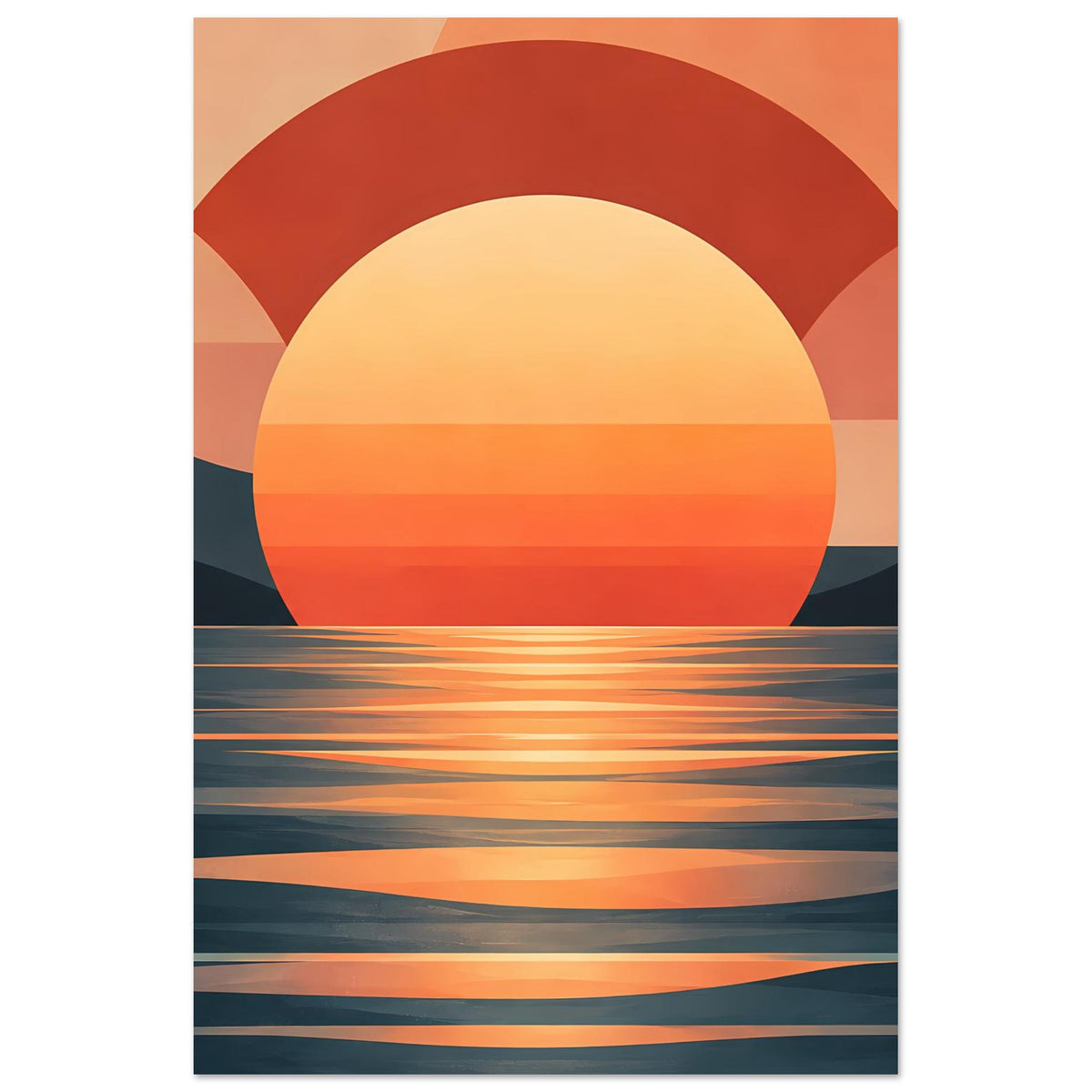 Kunstdruck/Poster im Hochformat: gelb-orangene Sonne, rote Bögen und spiegelnde Wasserlinien.
