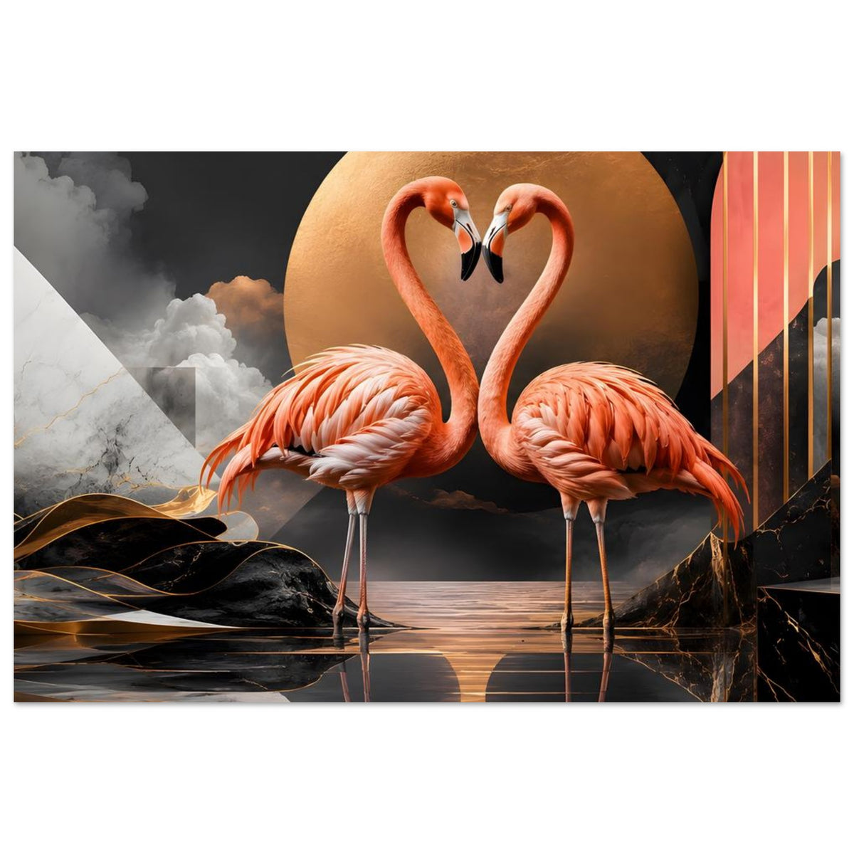 Flamingo-Kunstposter: zwei Flamingos, goldenes Kreis-Emblem und orange Akzentkante