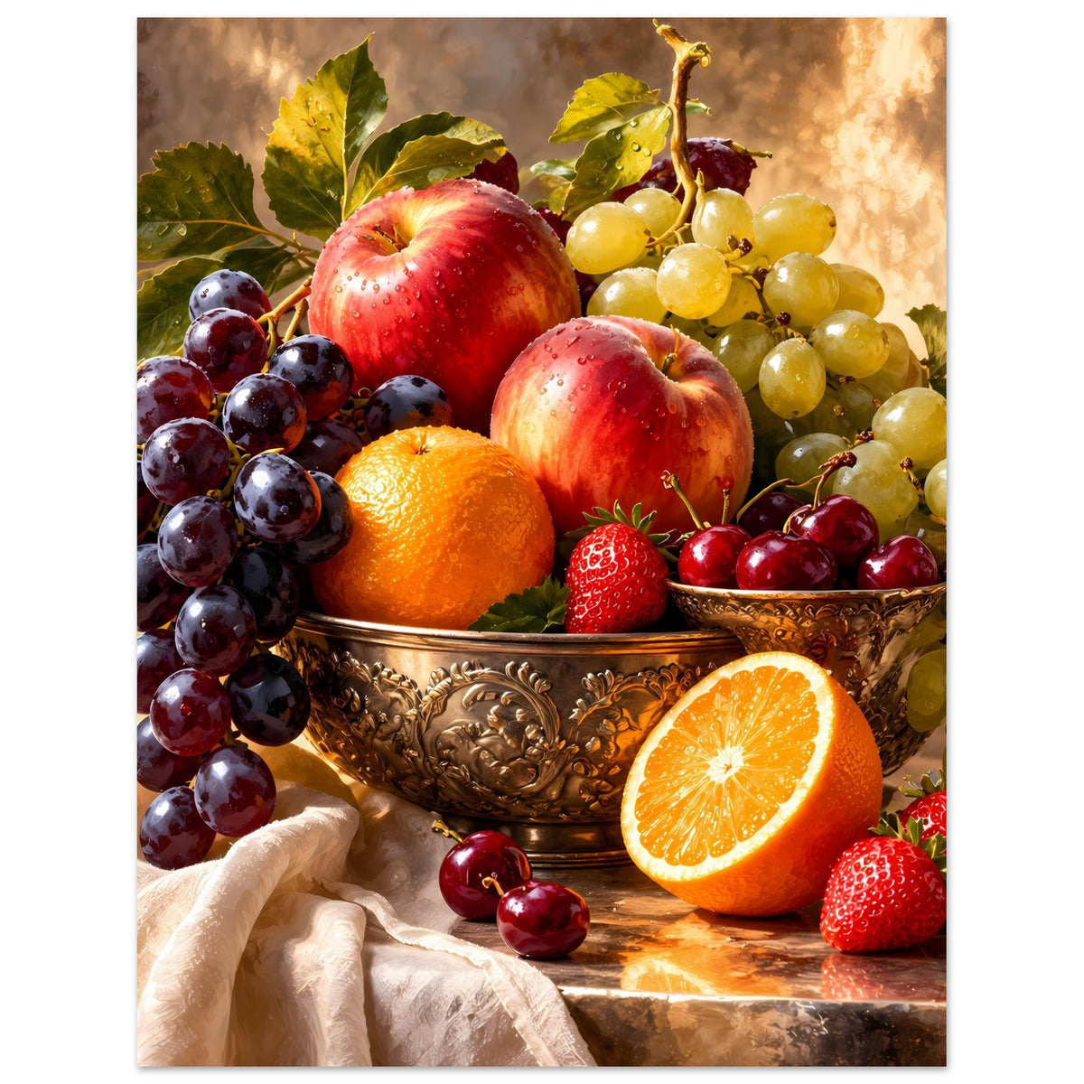 Stillleben-Poster: Früchte in runder Metallschale, mit Orange und Erdbeeren, Weintrauben