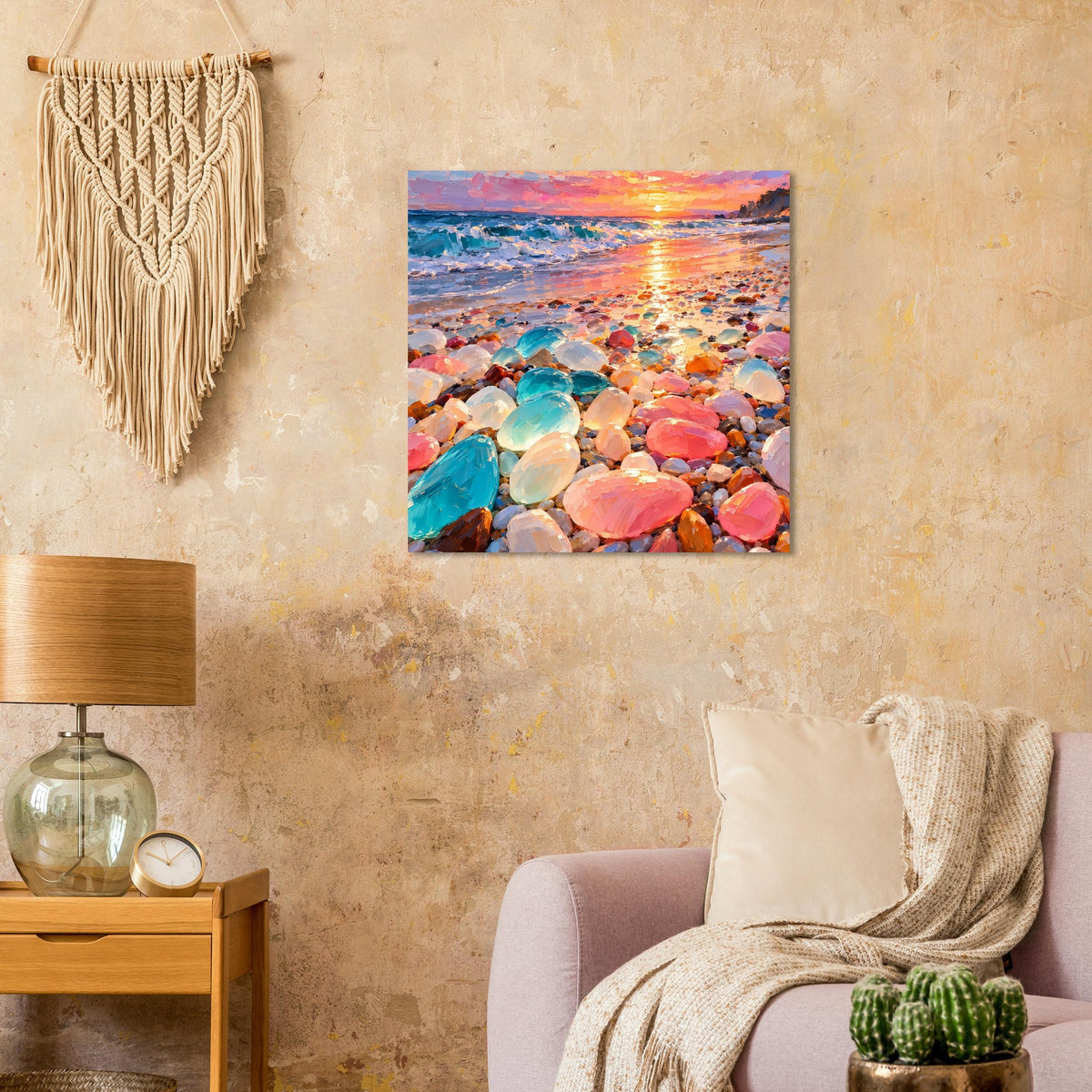 Quadratisches Poster mit Meerblick bei Sonnenuntergang und farbigen Kieselsteinen am Strand