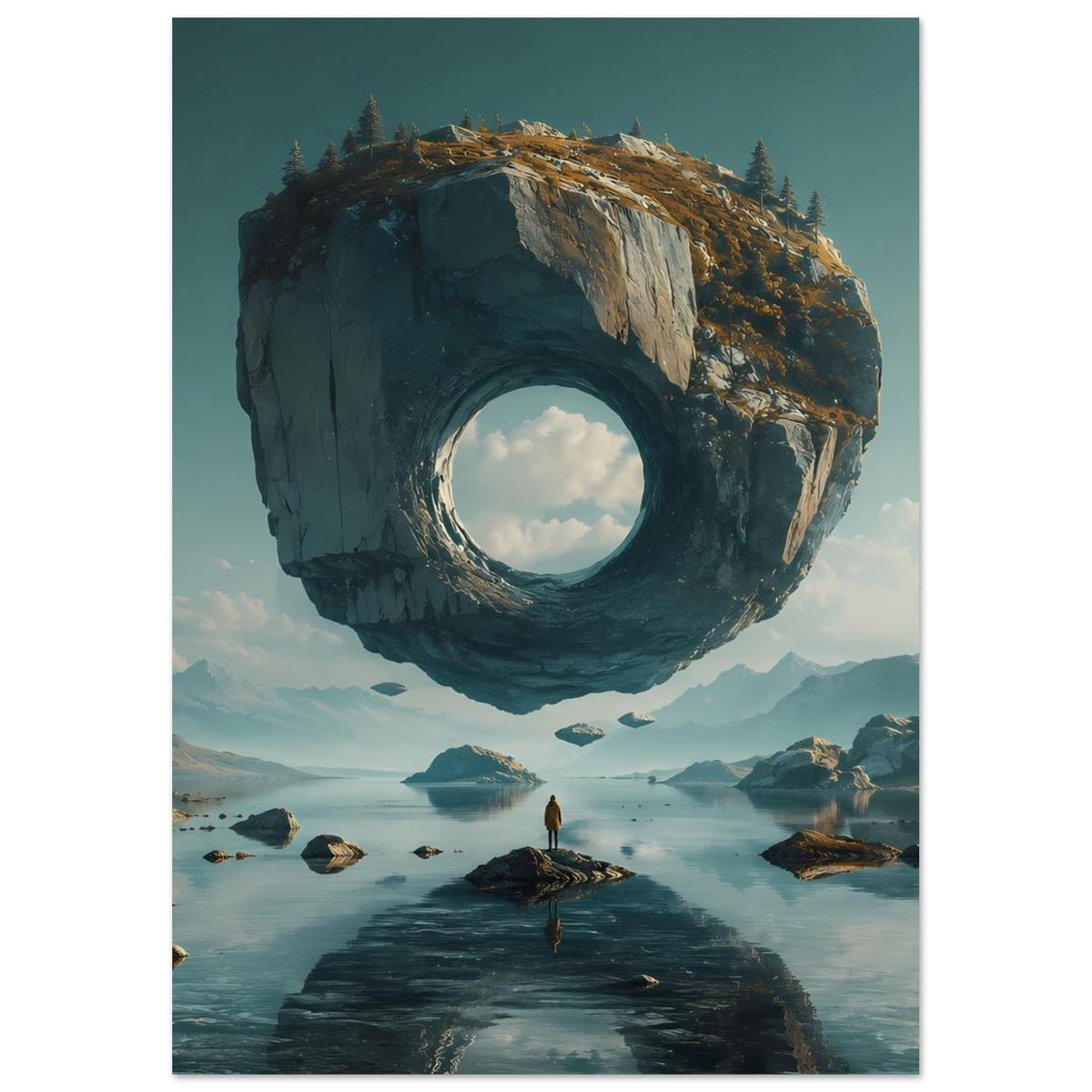 Surreales Poster: schwebender Felsring über See, rundes Loch und Felsweg mit Person