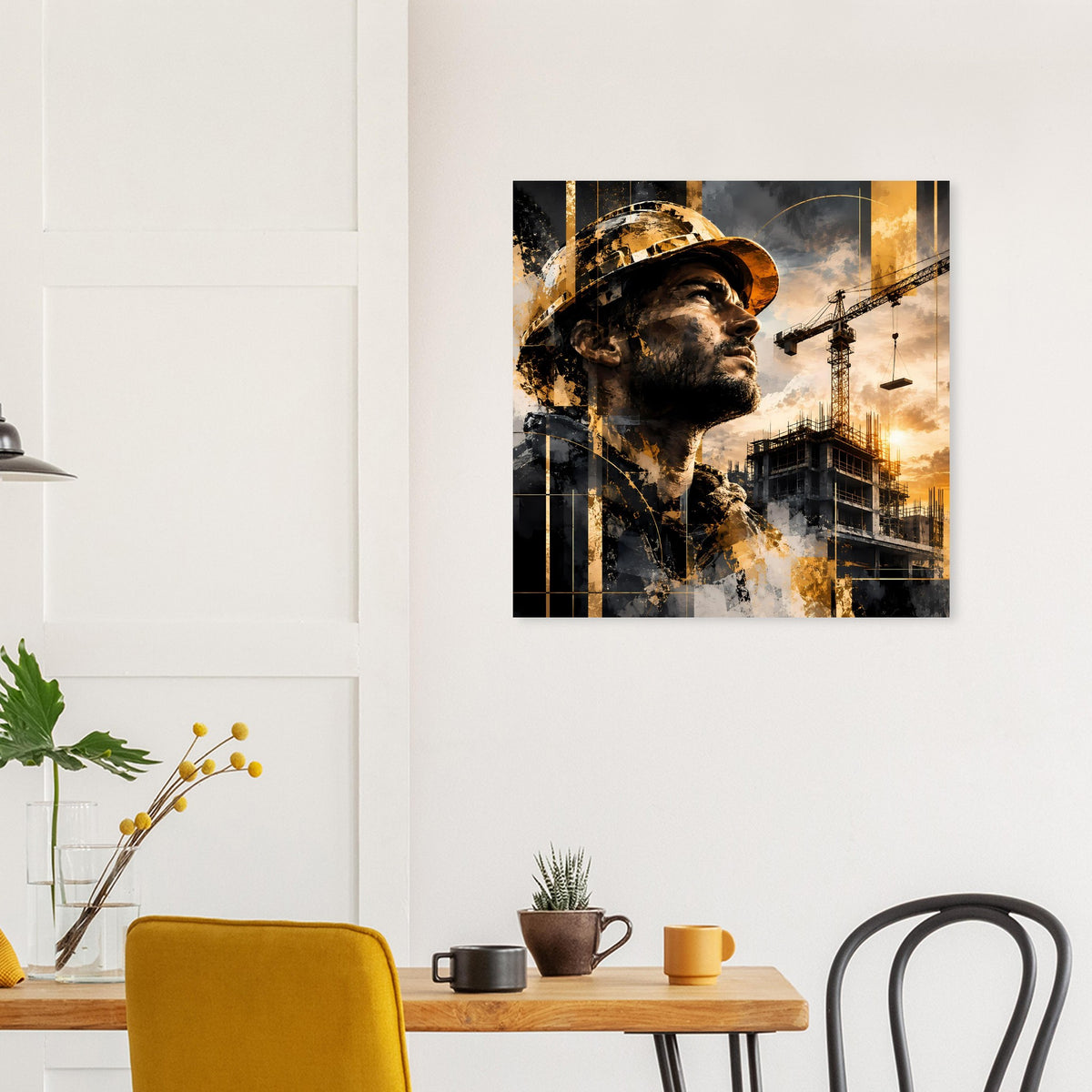 Poster im Querformat: Bauarbeiterporträt in dunklem Schwarz, Gold- und Grauabstraktion