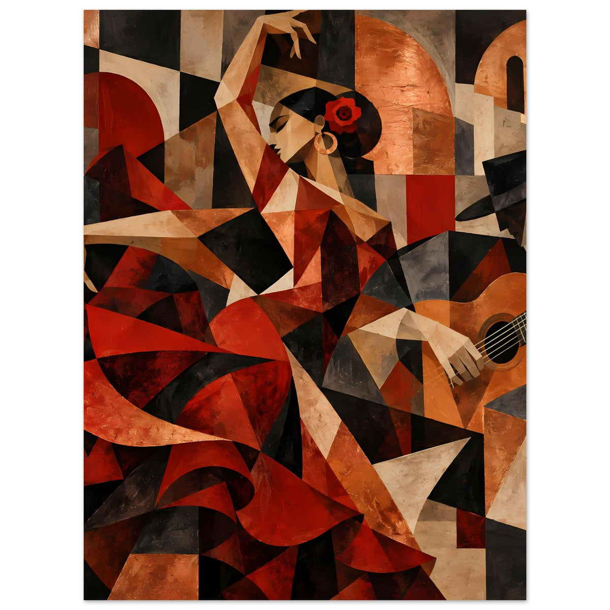 Kunstposter Hochformat: abstrakte Flamenco-Dame mit Gitarre, rote und erdige Farbflächen