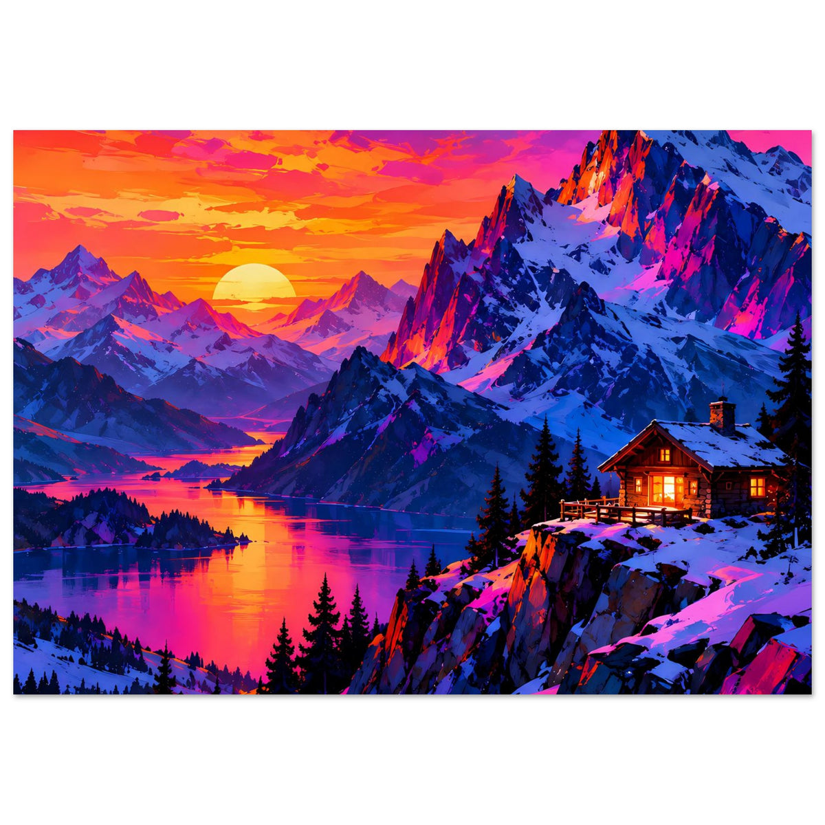 Querformat-Poster: leuchtende Berge bei Sonnenuntergang, See-Spiegel, Chalet mit warmem Licht
