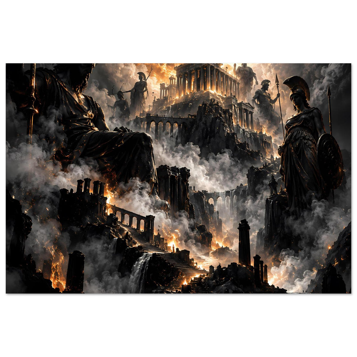 Fantasy-Poster mit Armoured Figures, leuchtender Stadt im Hintergrund und Nebel