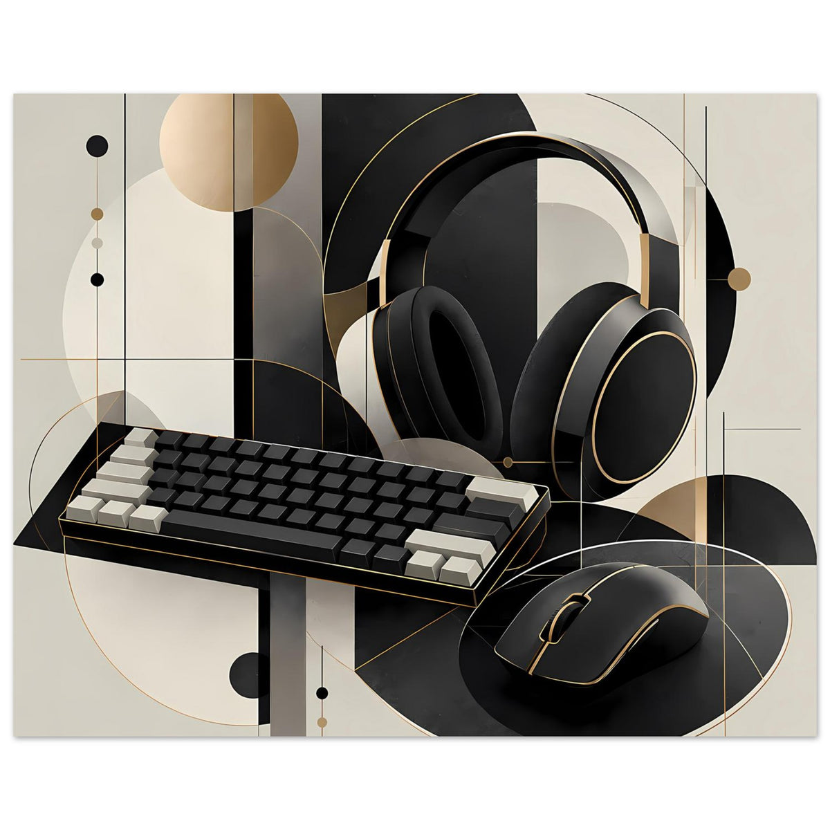 Gaming-Poster: Headset rechts, Tastatur links, Maus unten, geometrische Muster in Schwarz und Gold