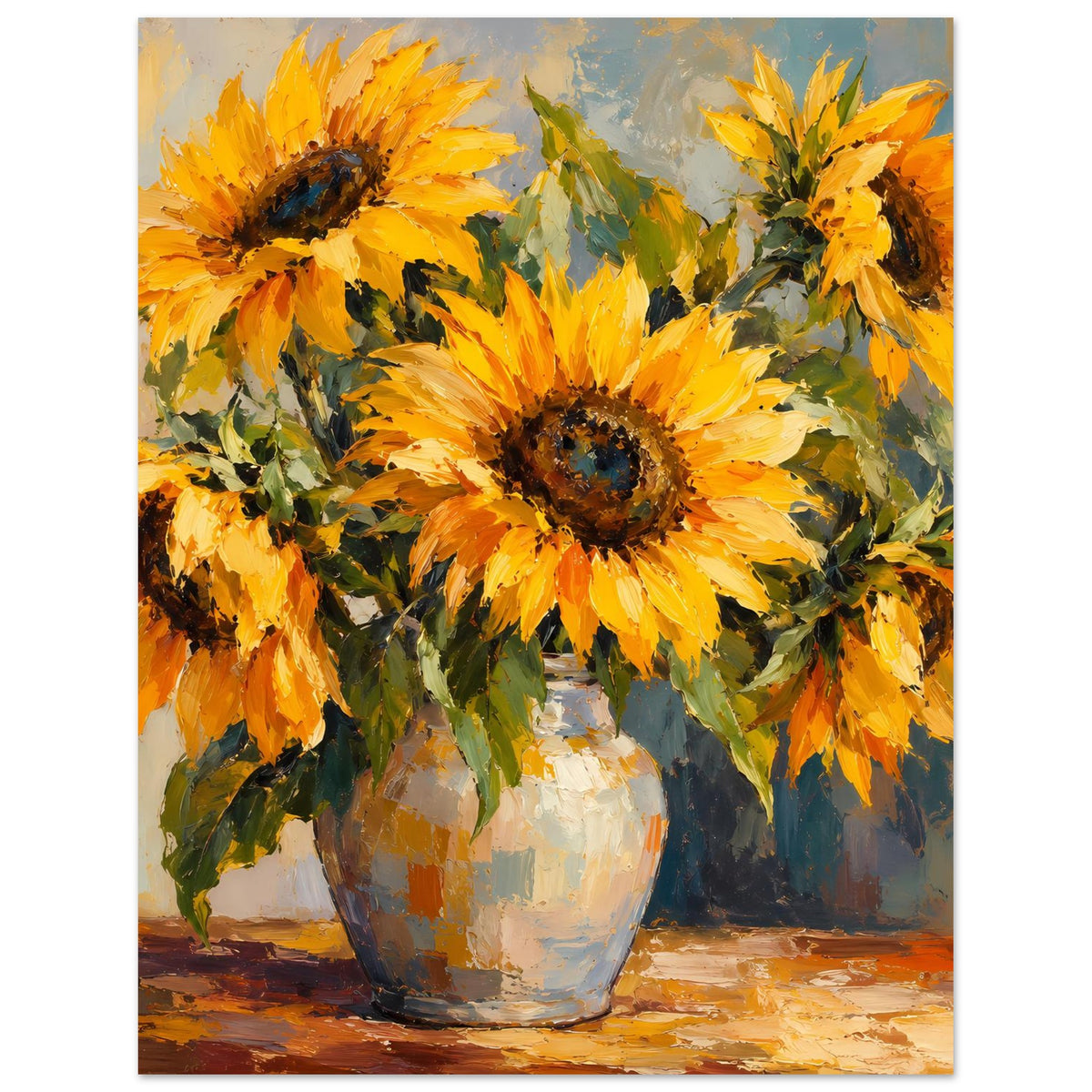 Stillleben-Poster: gelbe Sonnenblumen in Vase, Nahansicht mit kräftigen Pinselstrichen und grünem Laub