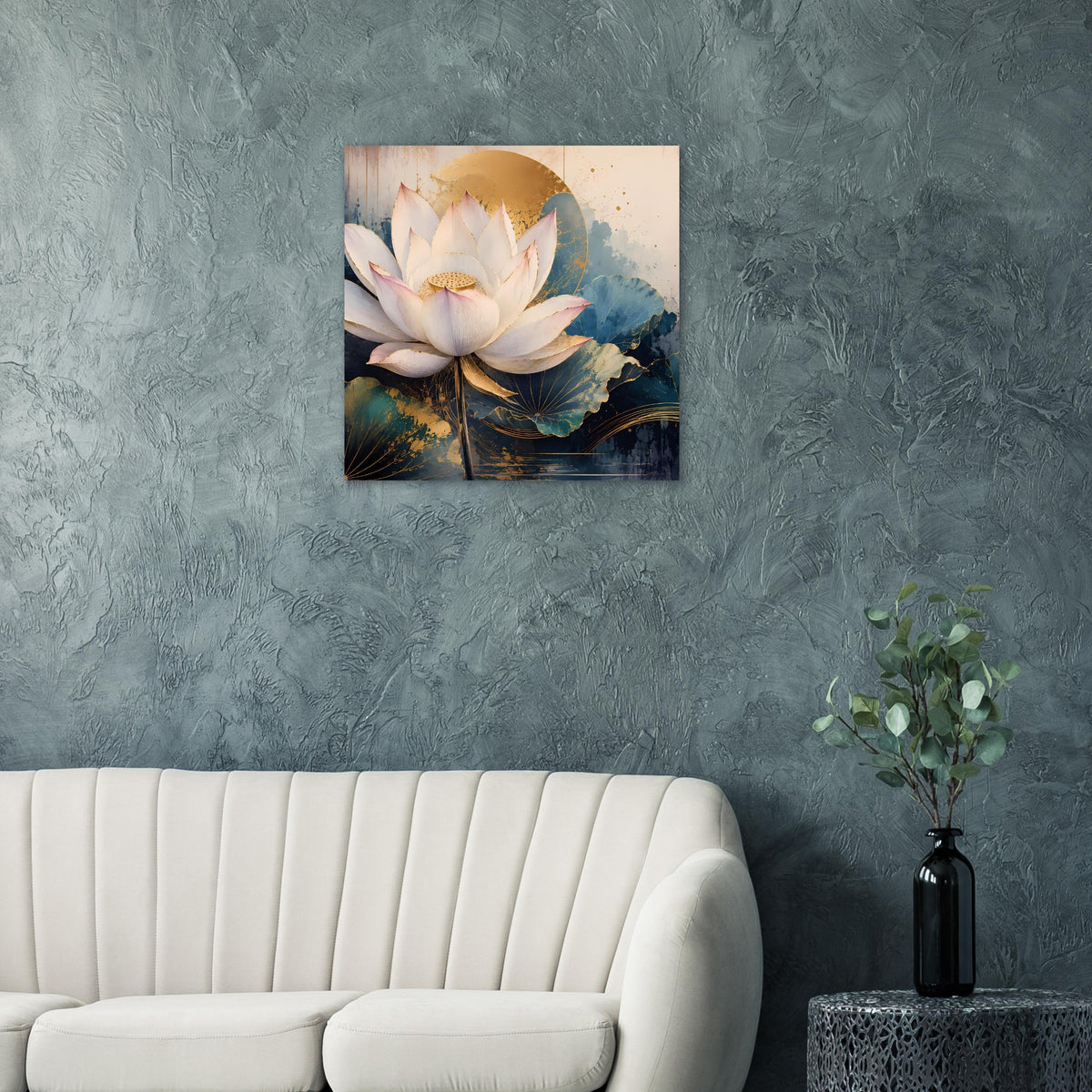 Premium-Poster mit Lotusblüten, weißen Blütenblättern, Goldkreis und blauem Hintergrund