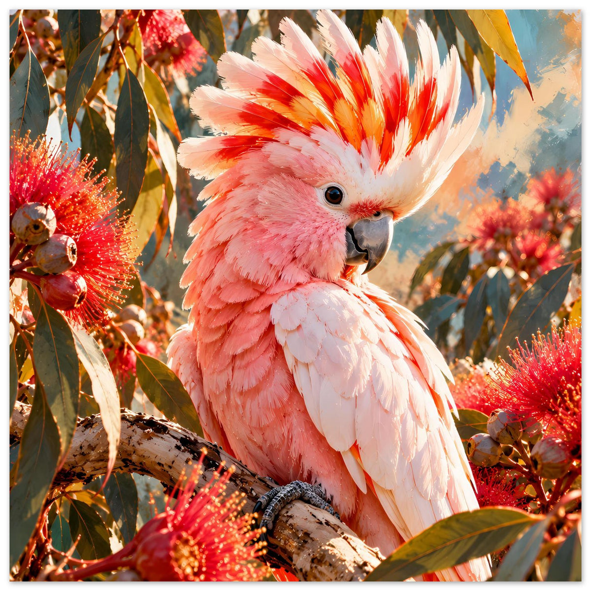 Quadratisches Poster mit rosa-weißem Kakadu auf Ast und roten Blüten