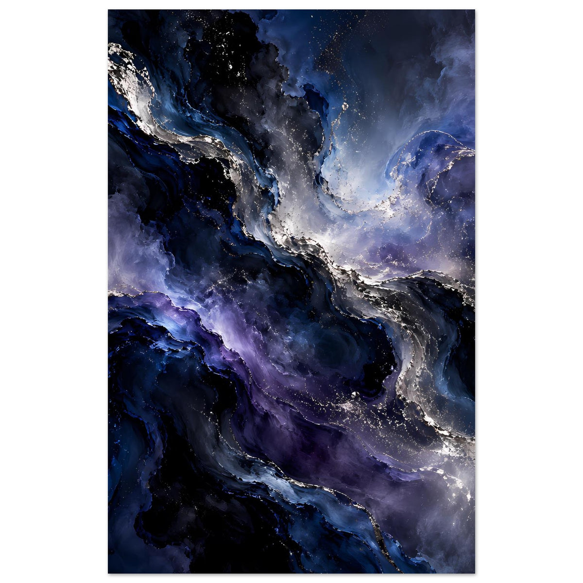 Weltraum-Poster, vertikal: blaue Gasnebel mit silbernen, funkelnden Konturen und Sternenpunkten.