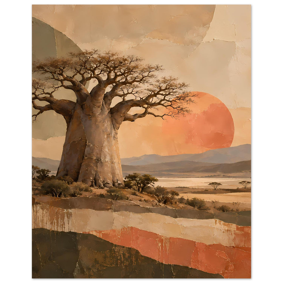 Naturposter im Hochformat: Baobab-Baum, orange Sonne und Savannenlandschaft im Hintergrund.
