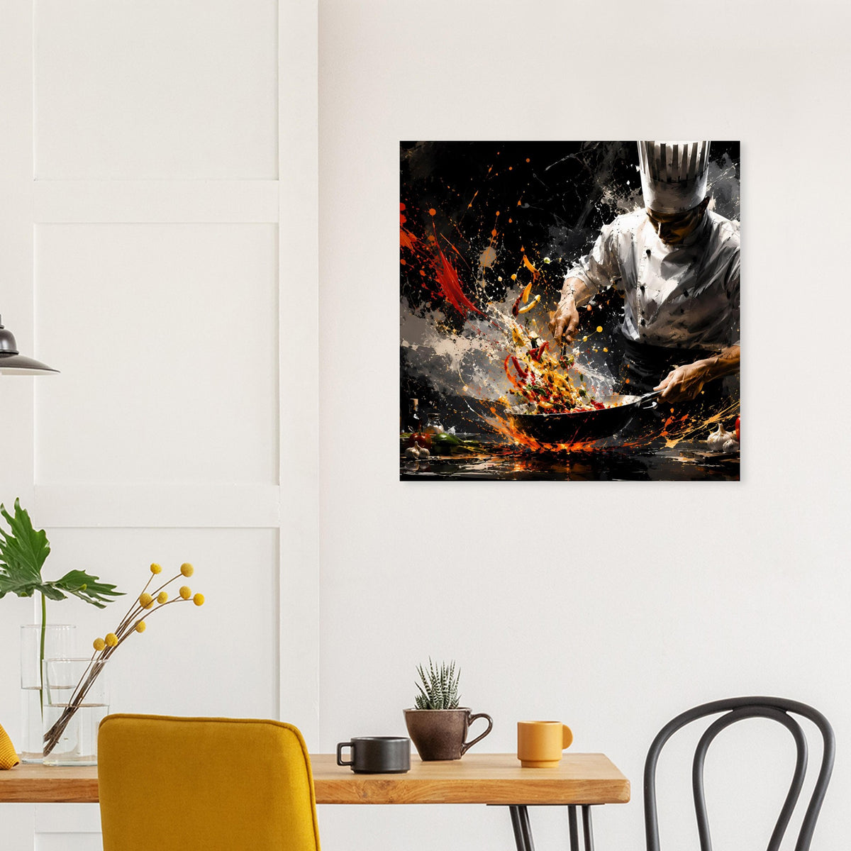 Quadratisches Poster mit Kochdarstellung: brennendes Feuer, Funken und Farbspritzer in Schwarz